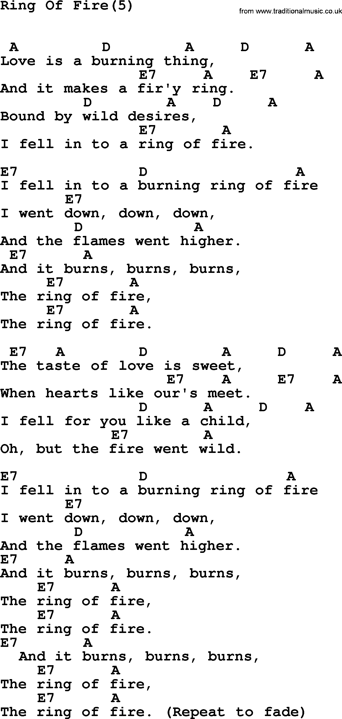 Ring Of Fire Chords Johnny Cash Song Ring Of Fire5 Lyrics And Chords