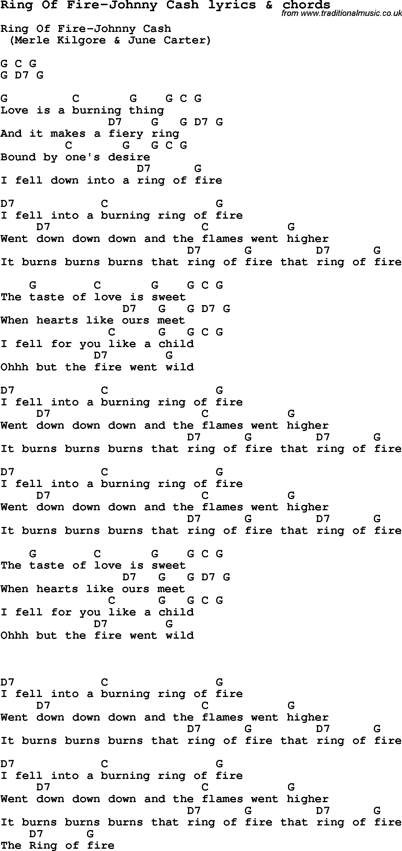 Ring Of Fire Chords Love Song Lyrics Forring Of Fire Johnny Cash With Chords