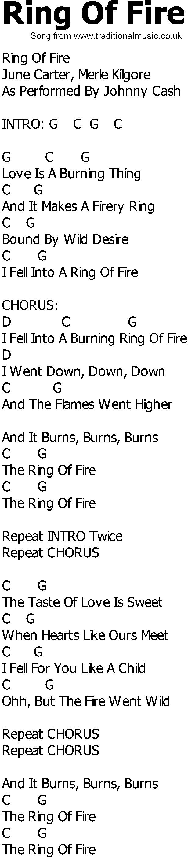 Ring Of Fire Chords Old Country Song Lyrics With Chords Ring Of Fire