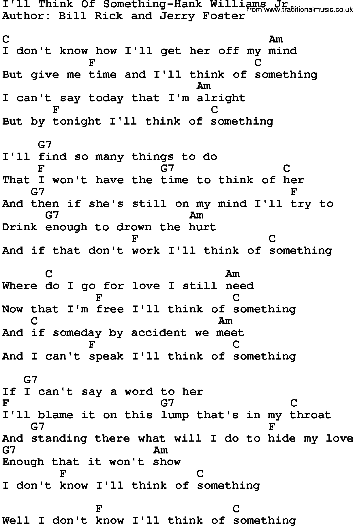 Say Something Chords Country Musicill Think Of Something Hank Williams Jr Lyrics And Chords