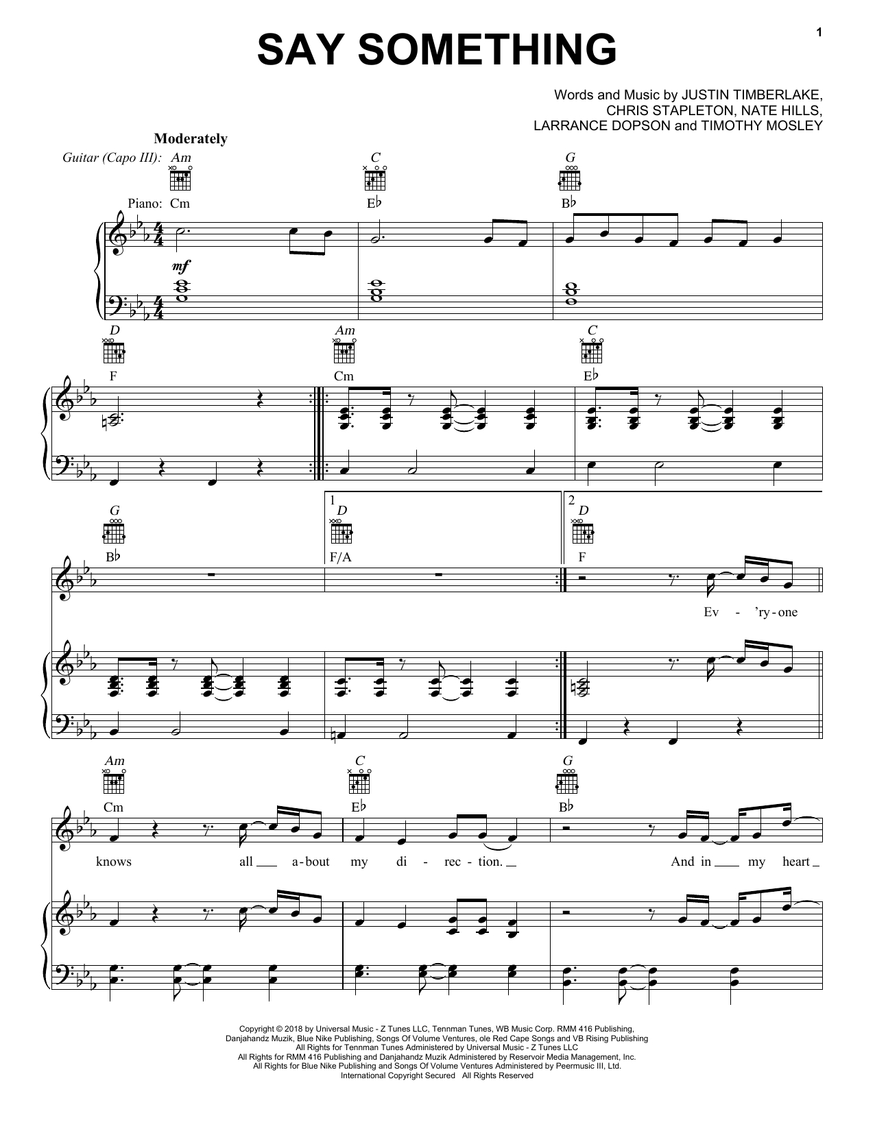 Say Something Piano Chords Justin Timberlake Say Something Feat Chris Stapleton Sheet Music Notes Chords Download Printable Piano Vocal Guitar Right Hand Melody