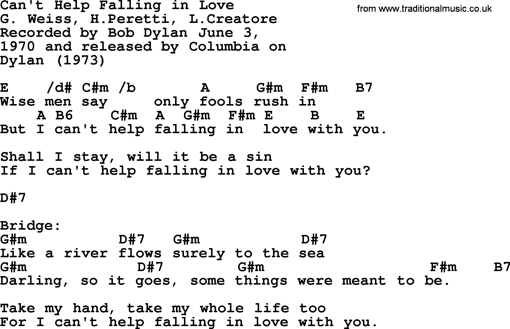 Sea Of Love Chords Bob Dylan Song Cant Help Falling In Love Lyrics And Chords