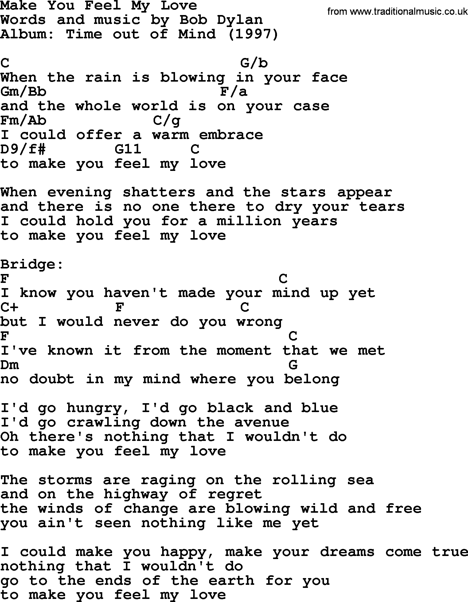 Sea Of Love Chords Bob Dylan Song Make You Feel My Love Lyrics And Chords