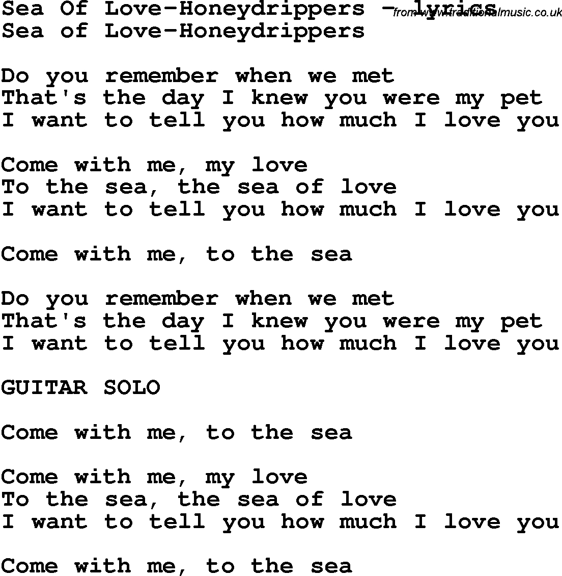 Sea Of Love Chords Love Song Lyrics Forsea Of Love Honeydrippers