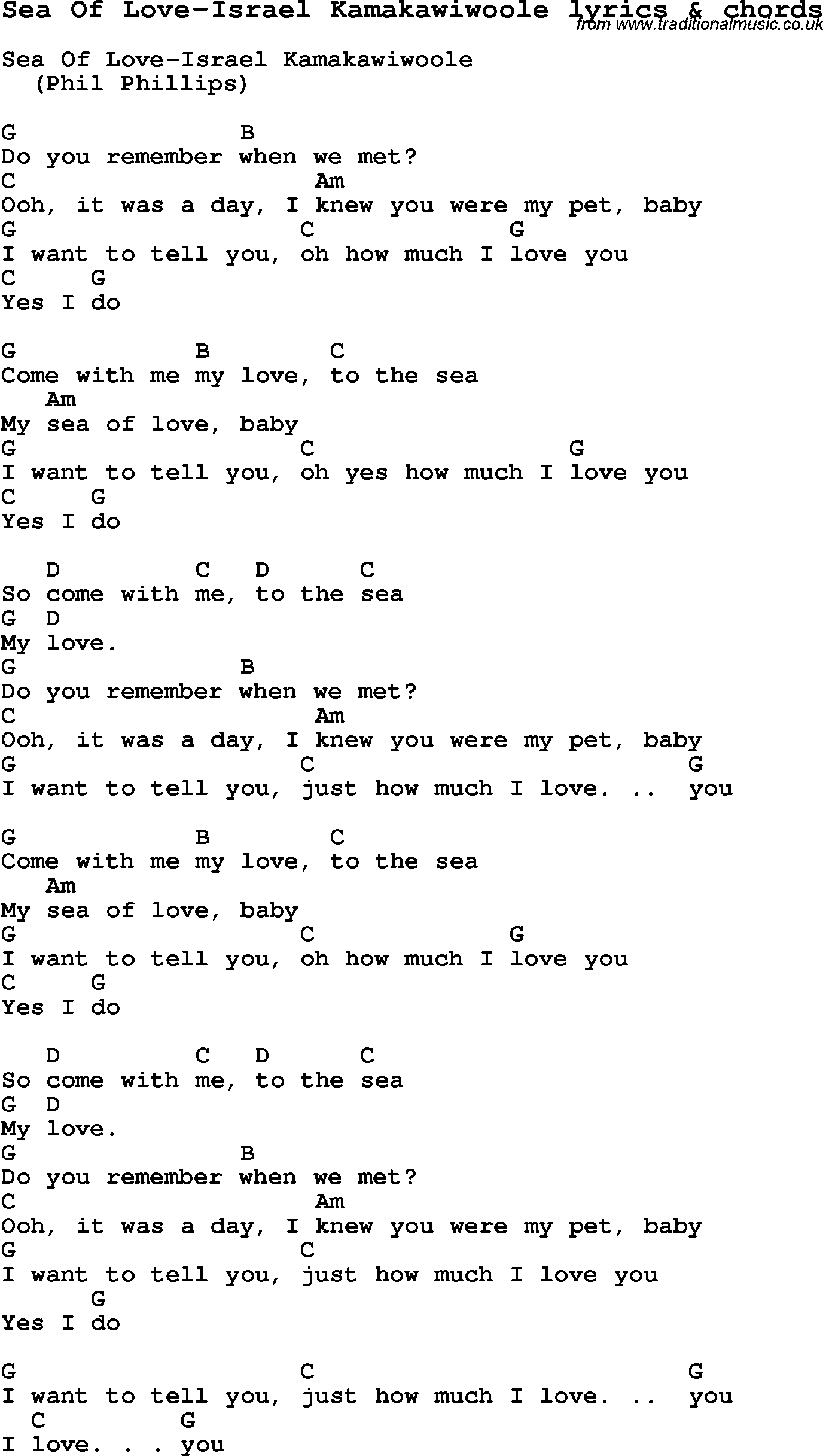 Sea Of Love Chords Love Song Lyrics Forsea Of Love Israel Kamakawiwoole With Chords