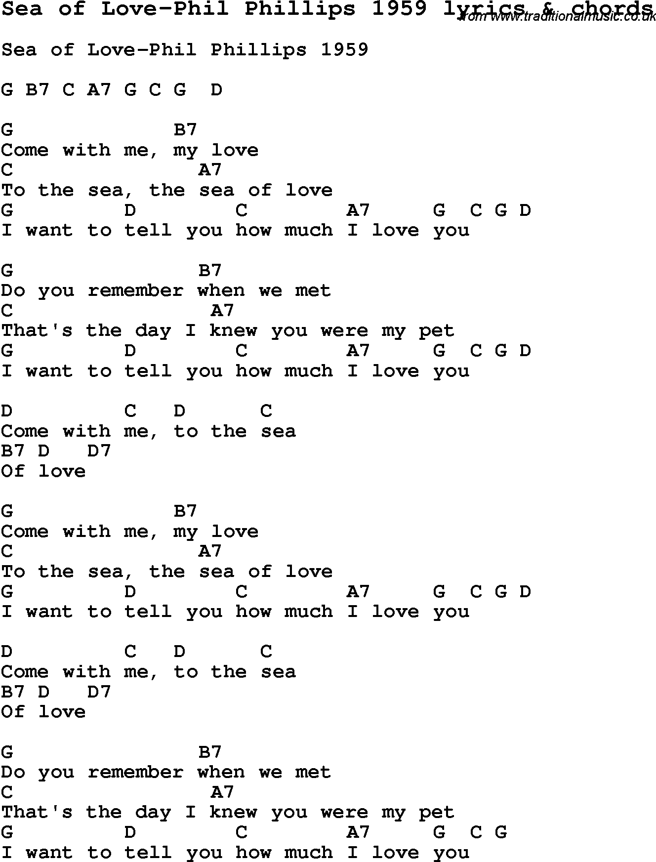 Sea Of Love Chords Love Song Lyrics Forsea Of Love Phil Phillips 1959 With Chords
