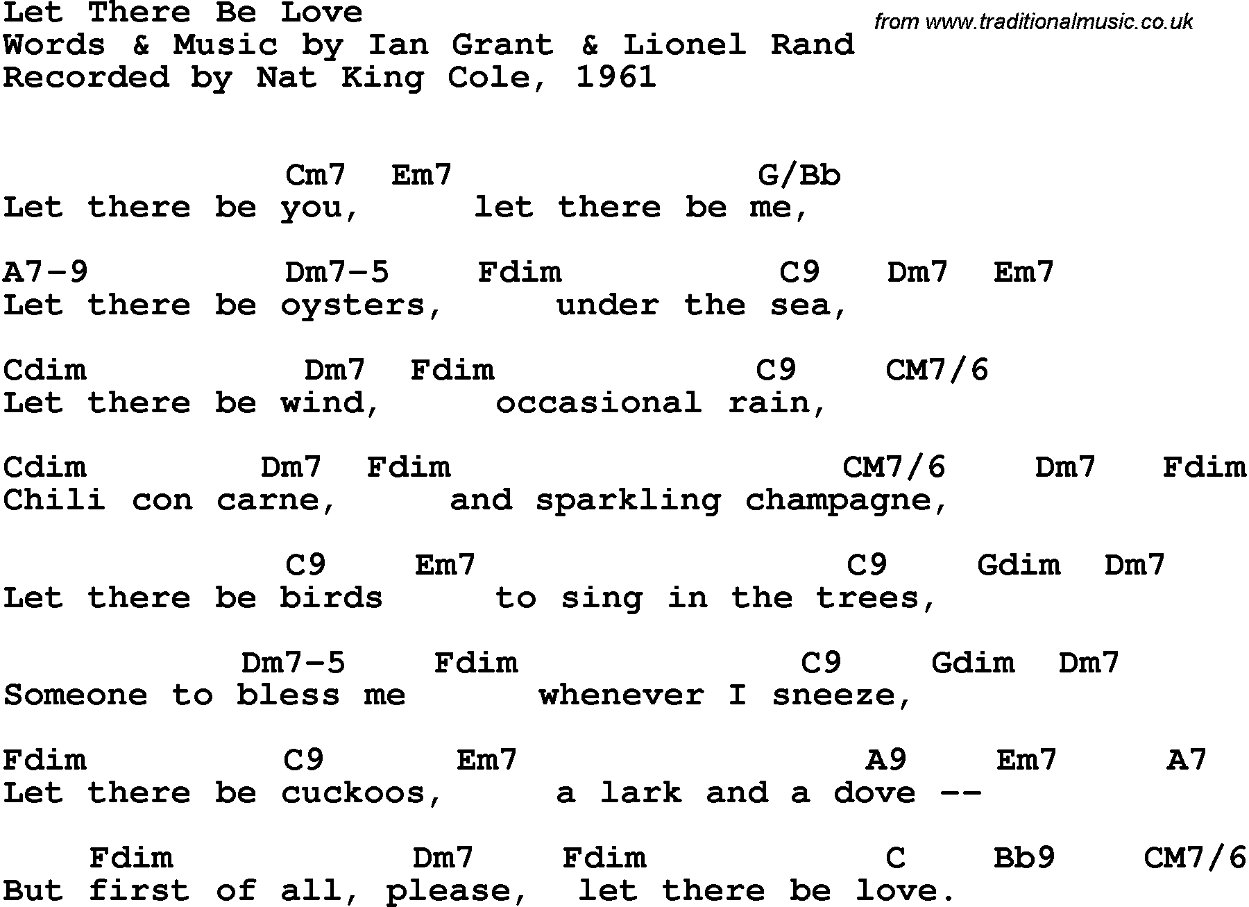 Sea Of Love Chords Song Lyrics With Guitar Chords For Let There Be Love Nat King Cole