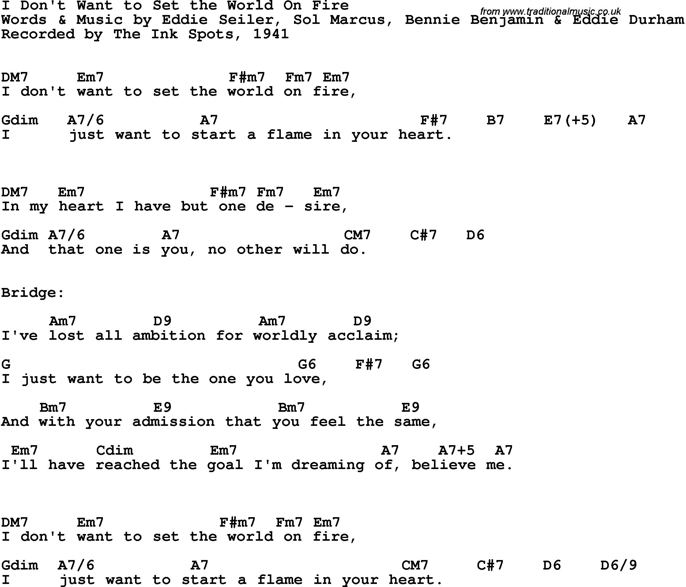 Set A Fire Chords Song Lyrics With Guitar Chords For I Dont Want To Set The World On