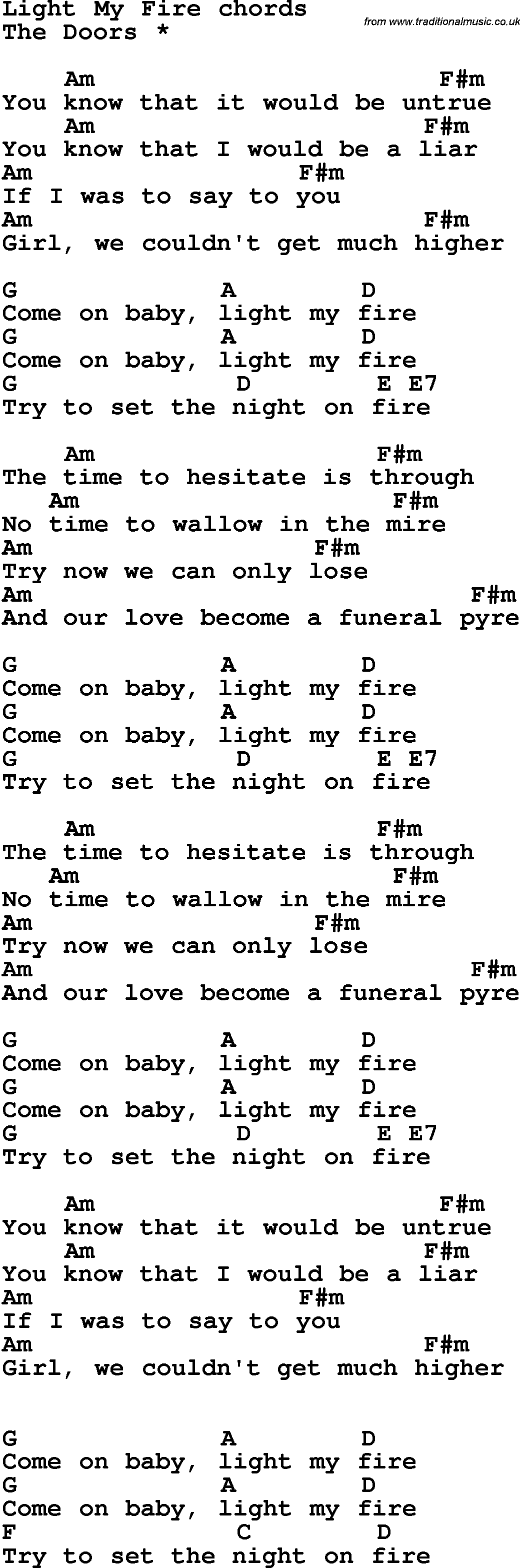 Set A Fire Chords Song Lyrics With Guitar Chords For Light My Fire