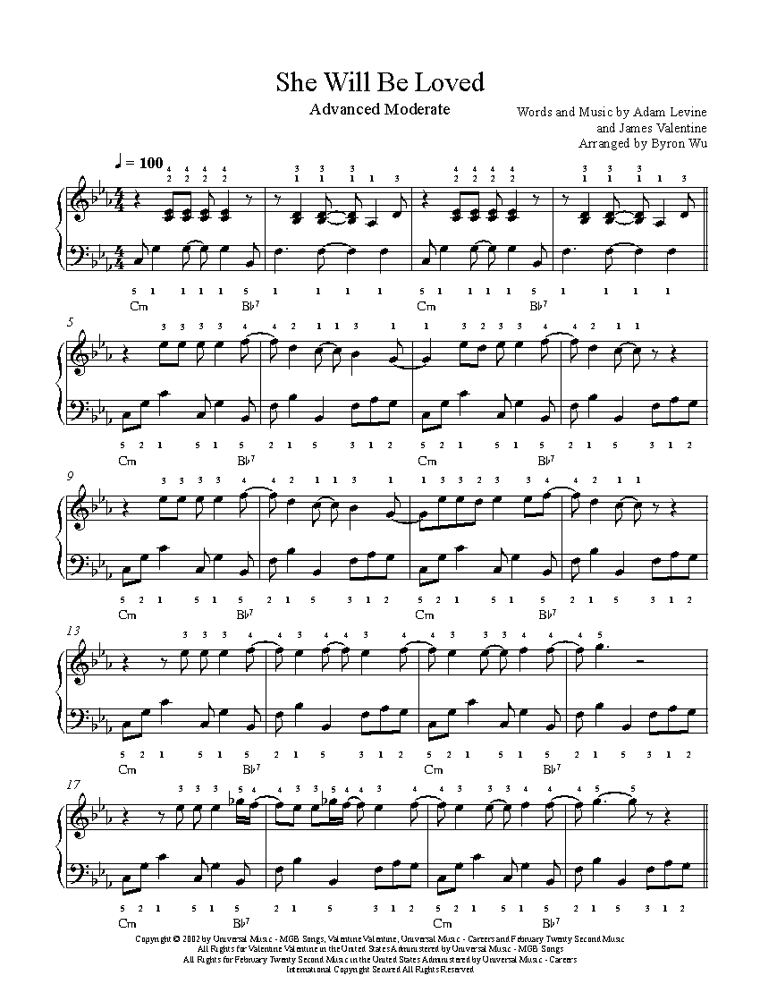 She Will Be Loved Chords She Will Be Loved Maroon 5 Piano Sheet Music Advanced Level