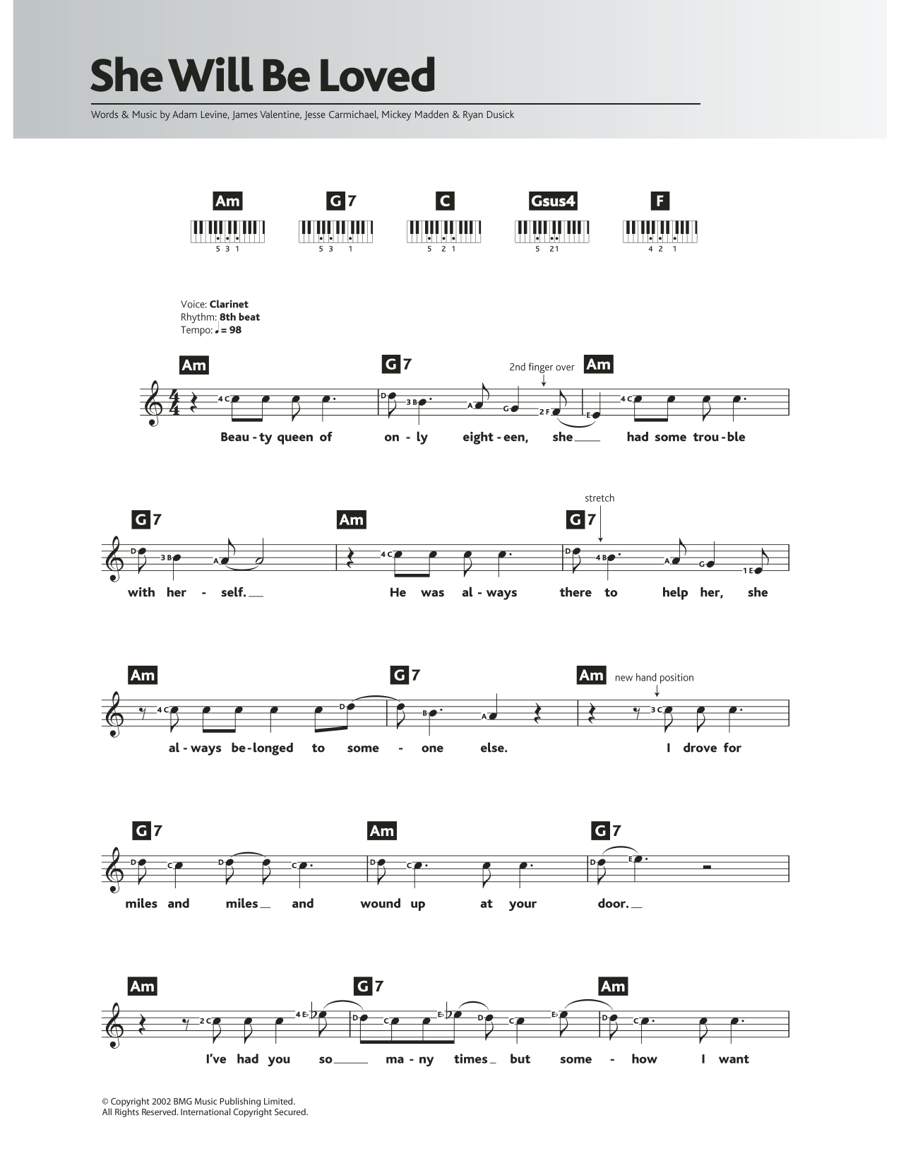 She Will Be Loved Chords She Will Be Loved Maroon 5 Piano Vocal Guitar Right Hand Melody Digital Sheet Music