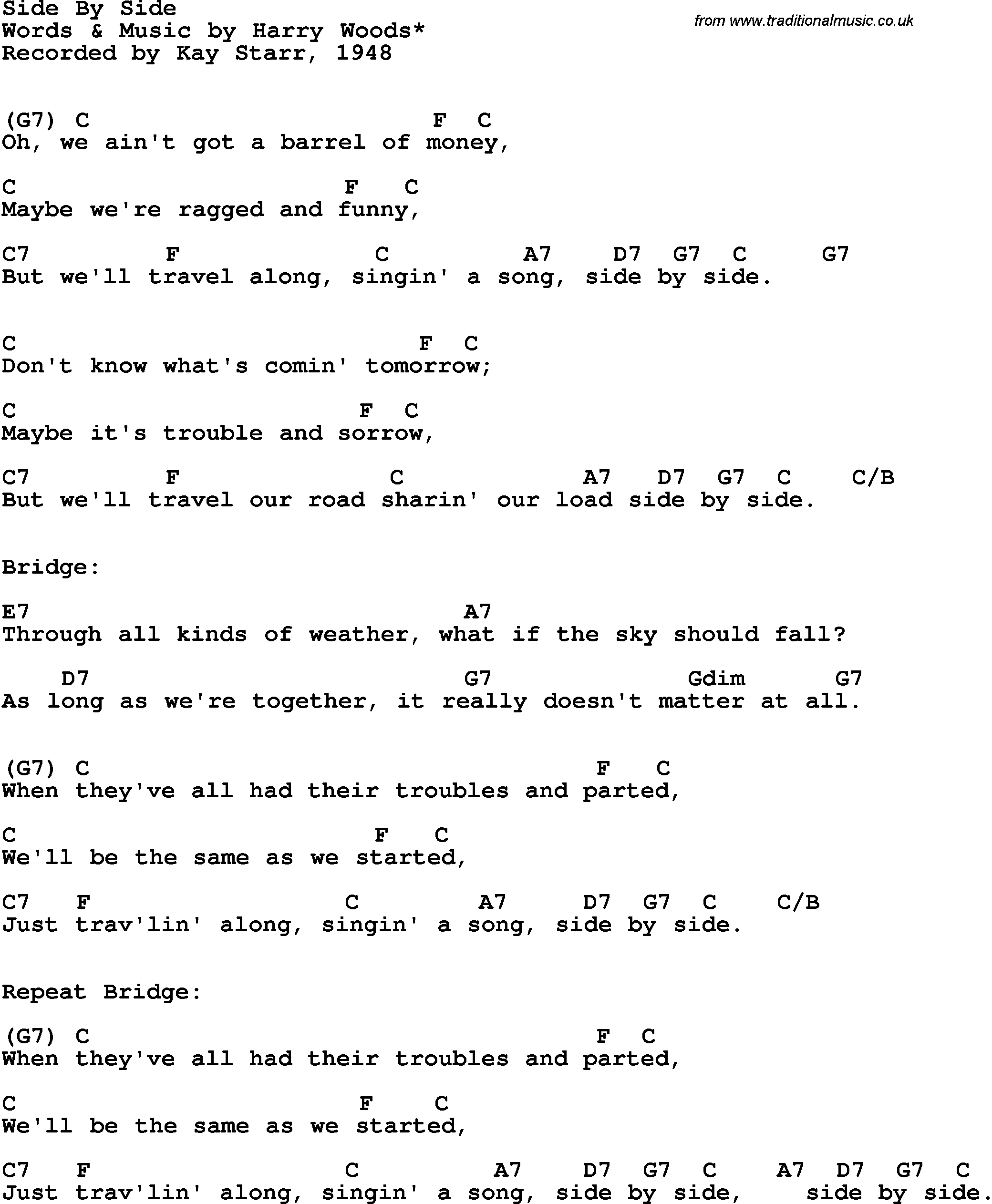 Side To Side Chords Song Lyrics With Guitar Chords For Side Side Kay Starr 1948