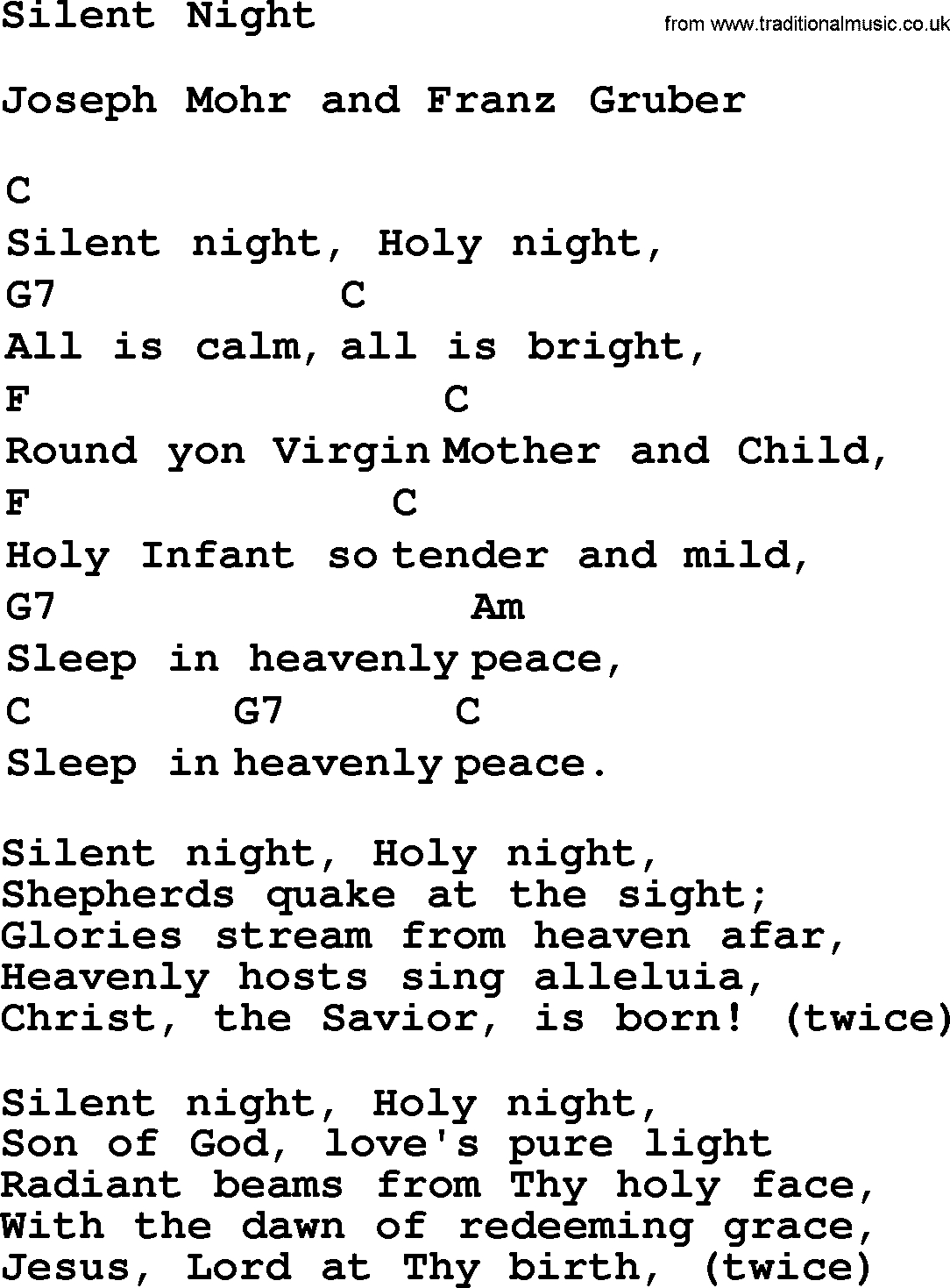 Silent Night Chords Top 1000 Folk And Old Time Songs Collection Silent Night Lyrics