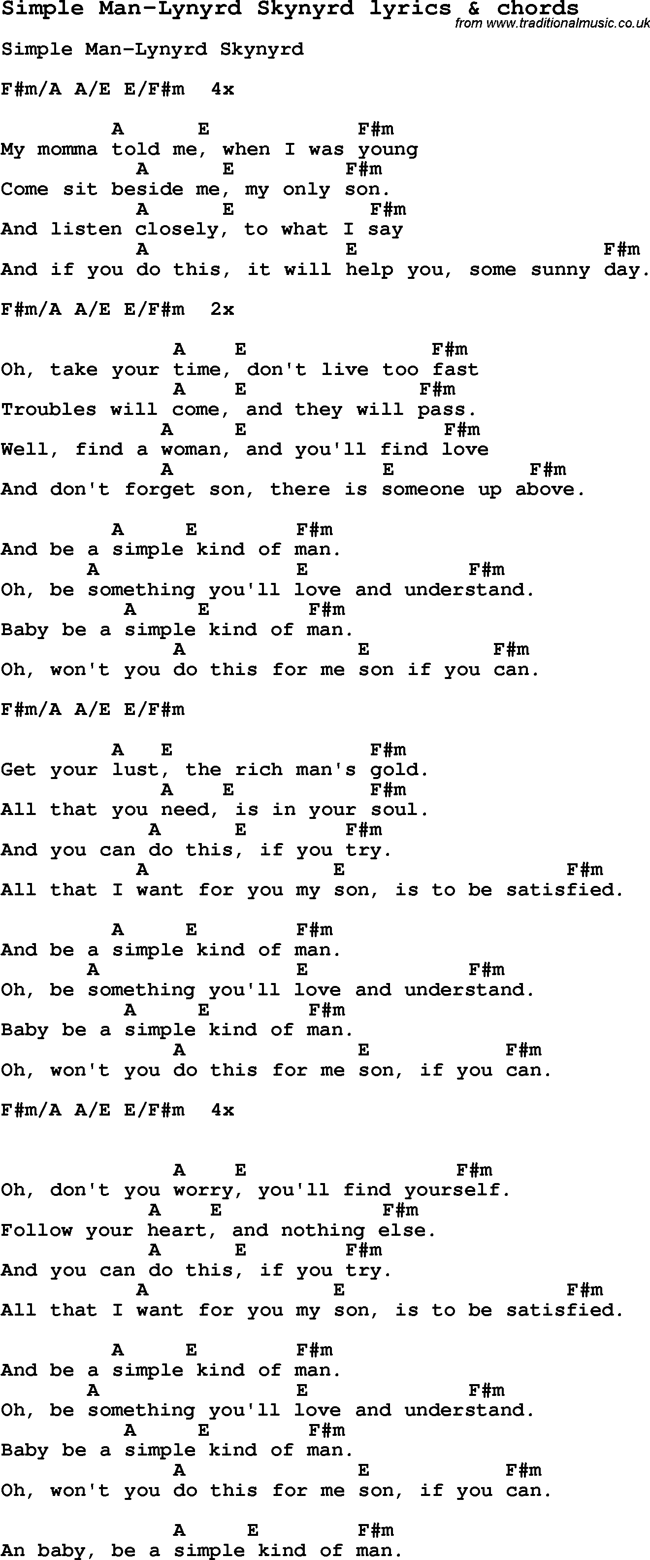 Simple Man Chords Love Song Lyrics Forsimple Man Lynyrd Skynyrd With Chords