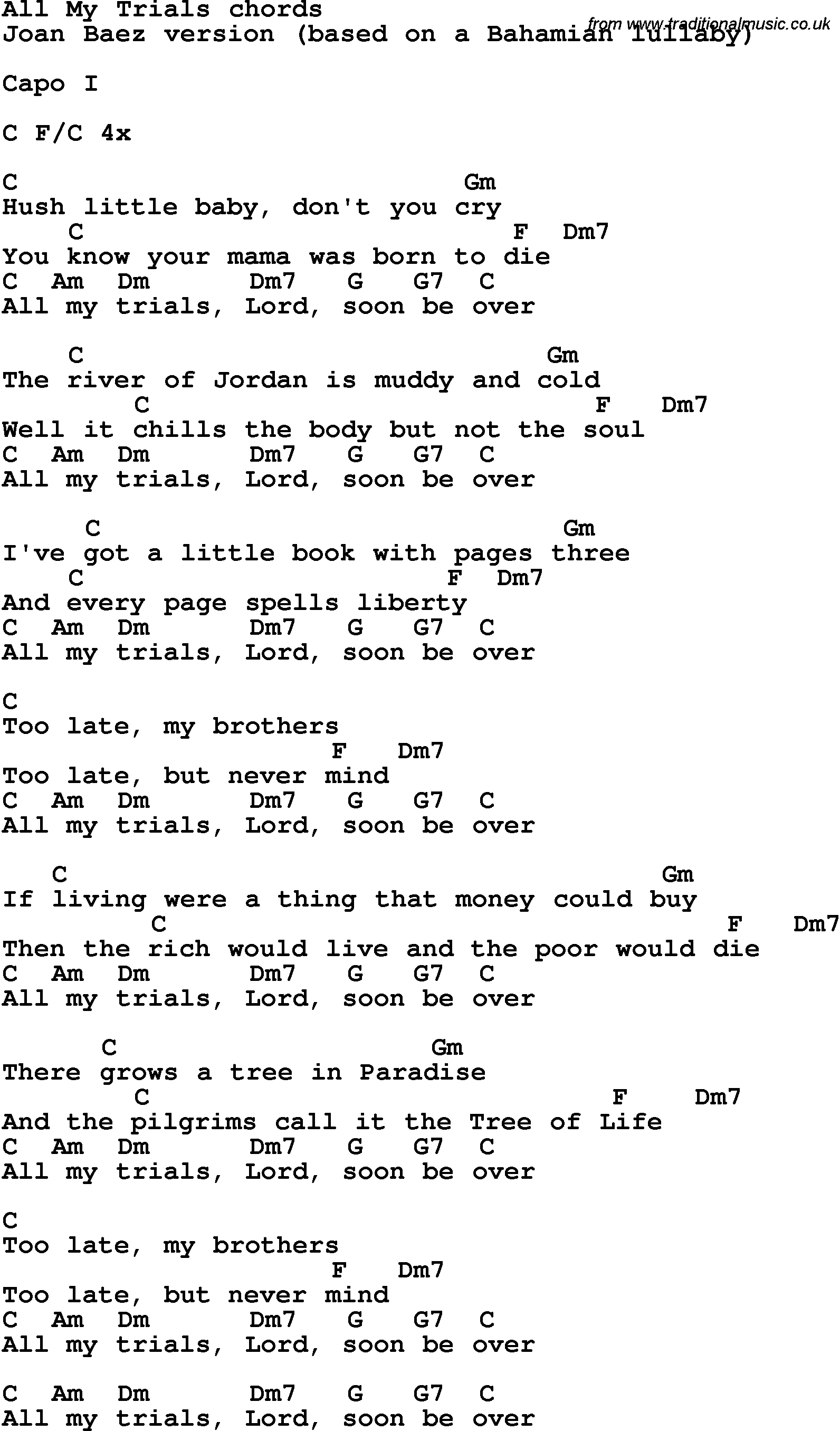 Simple Man Chords Song Lyrics With Guitar Chords For All My Trials Joan Baez
