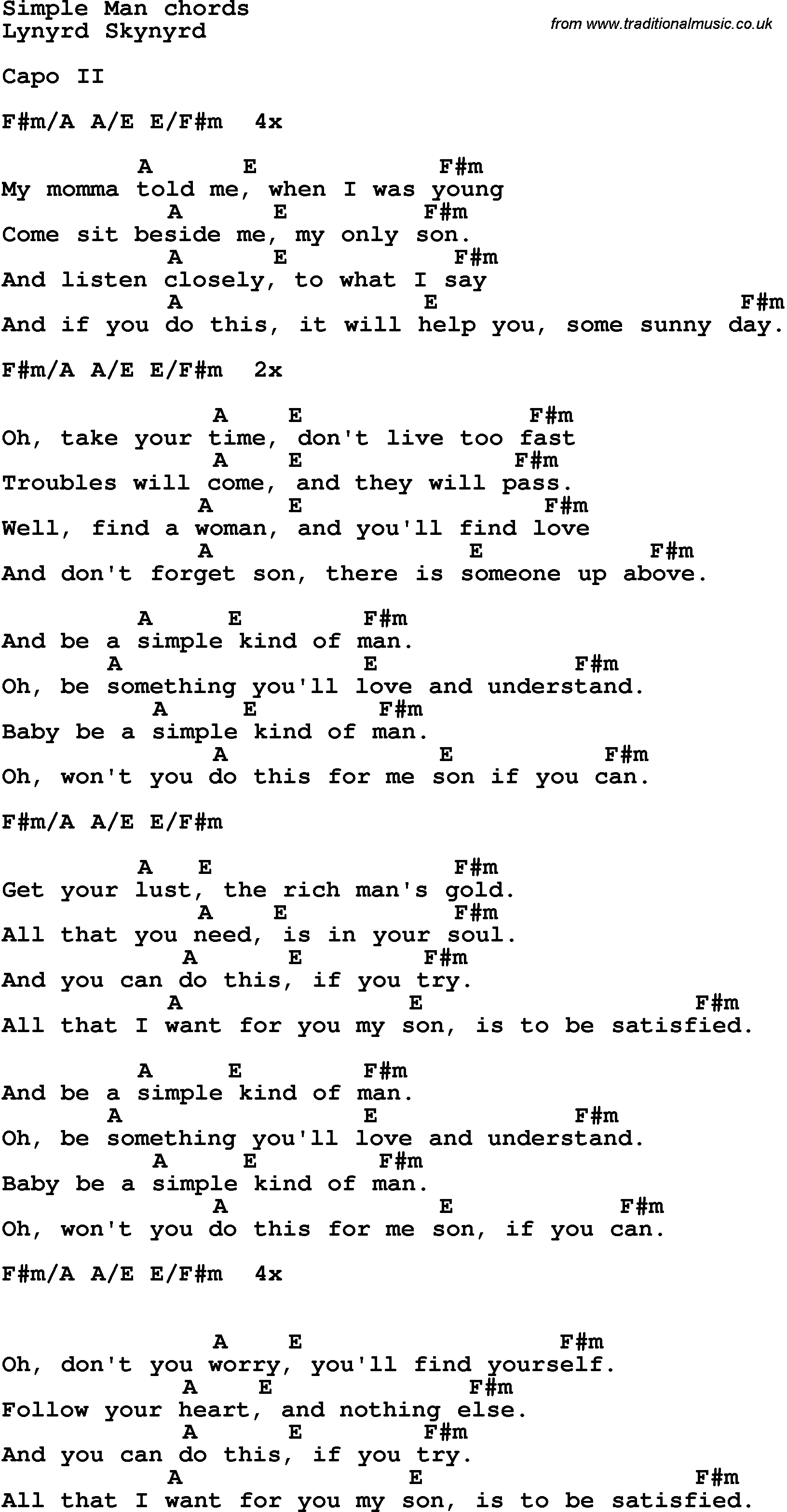 Simple Man Chords Song Lyrics With Guitar Chords For Simple Man