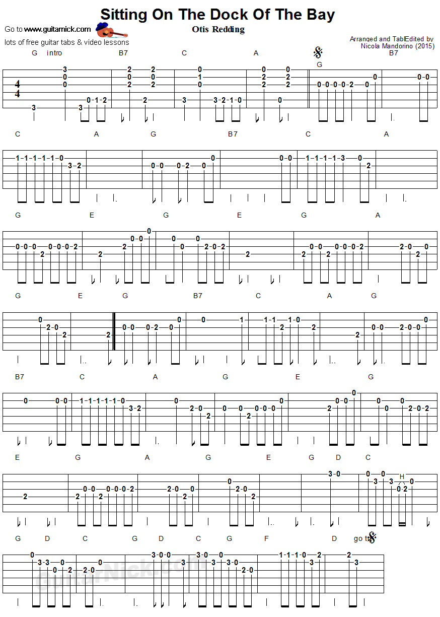 Sitting On The Dock Of The Bay Chords Sitting On The Dock Of The Bay Easy Guitar Tab Guitarnick