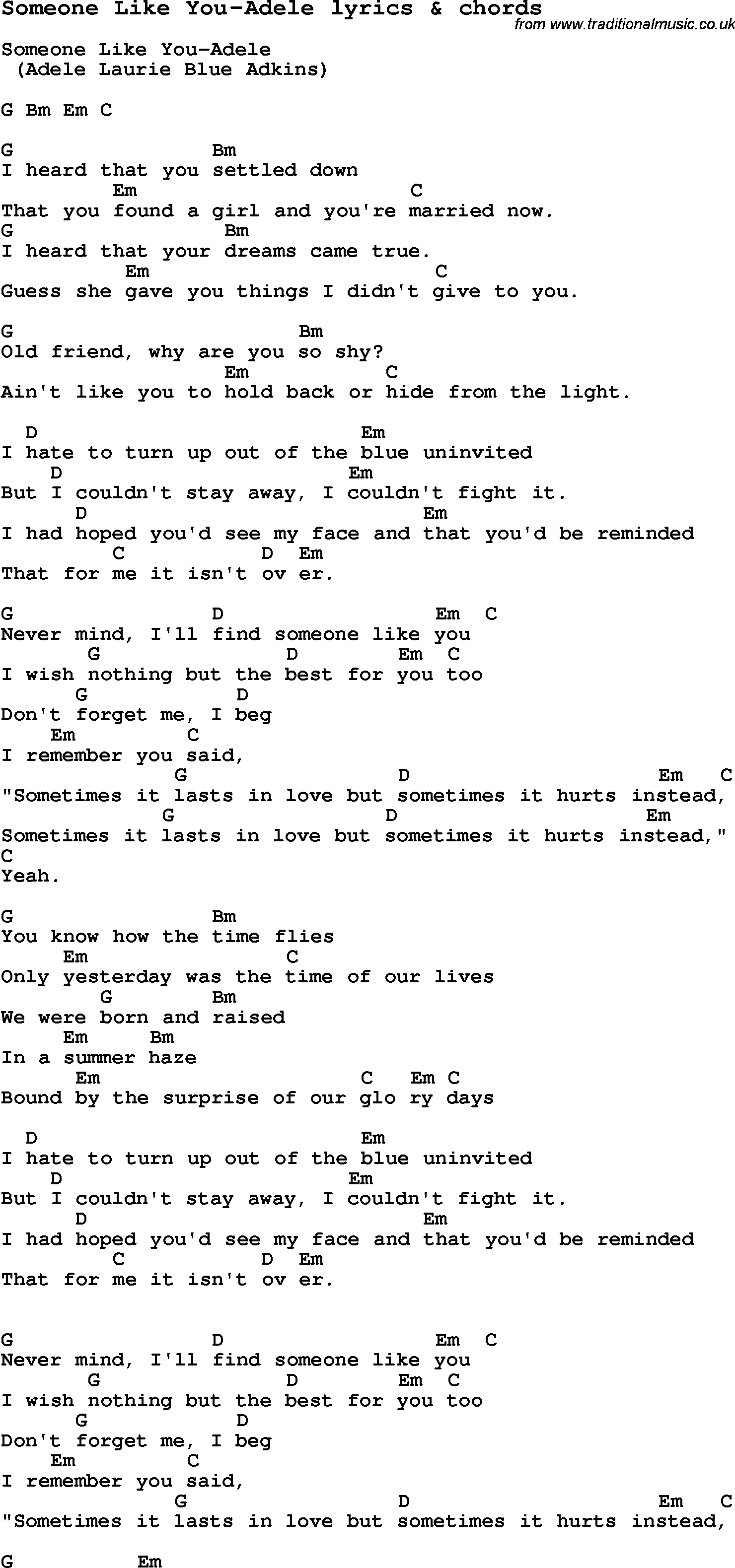 Someone Like You Chords Love Song Lyrics Forsomeone Like You Adele With Chords