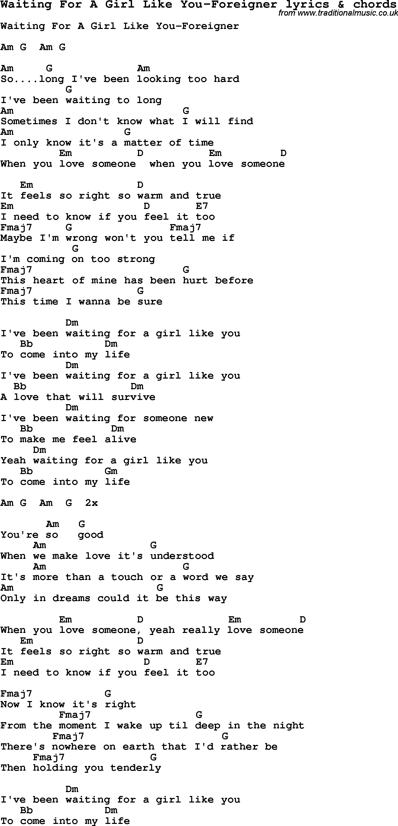 Someone Like You Chords Love Song Lyrics Forwaiting For A Girl Like You Foreigner With Chords