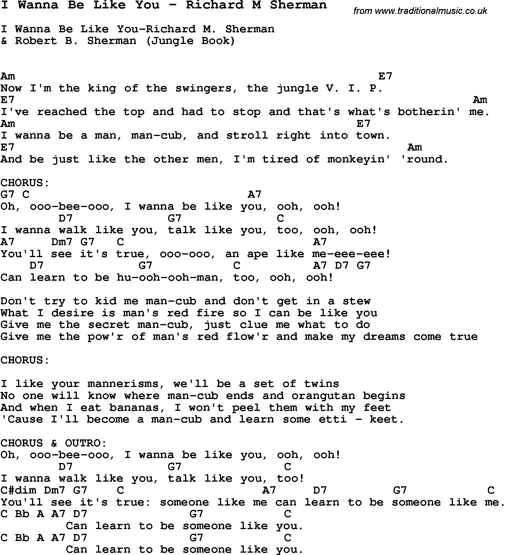 Someone Like You Chords Song I Wanna Be Like You Richard M Sherman Song Lyric For Vocal