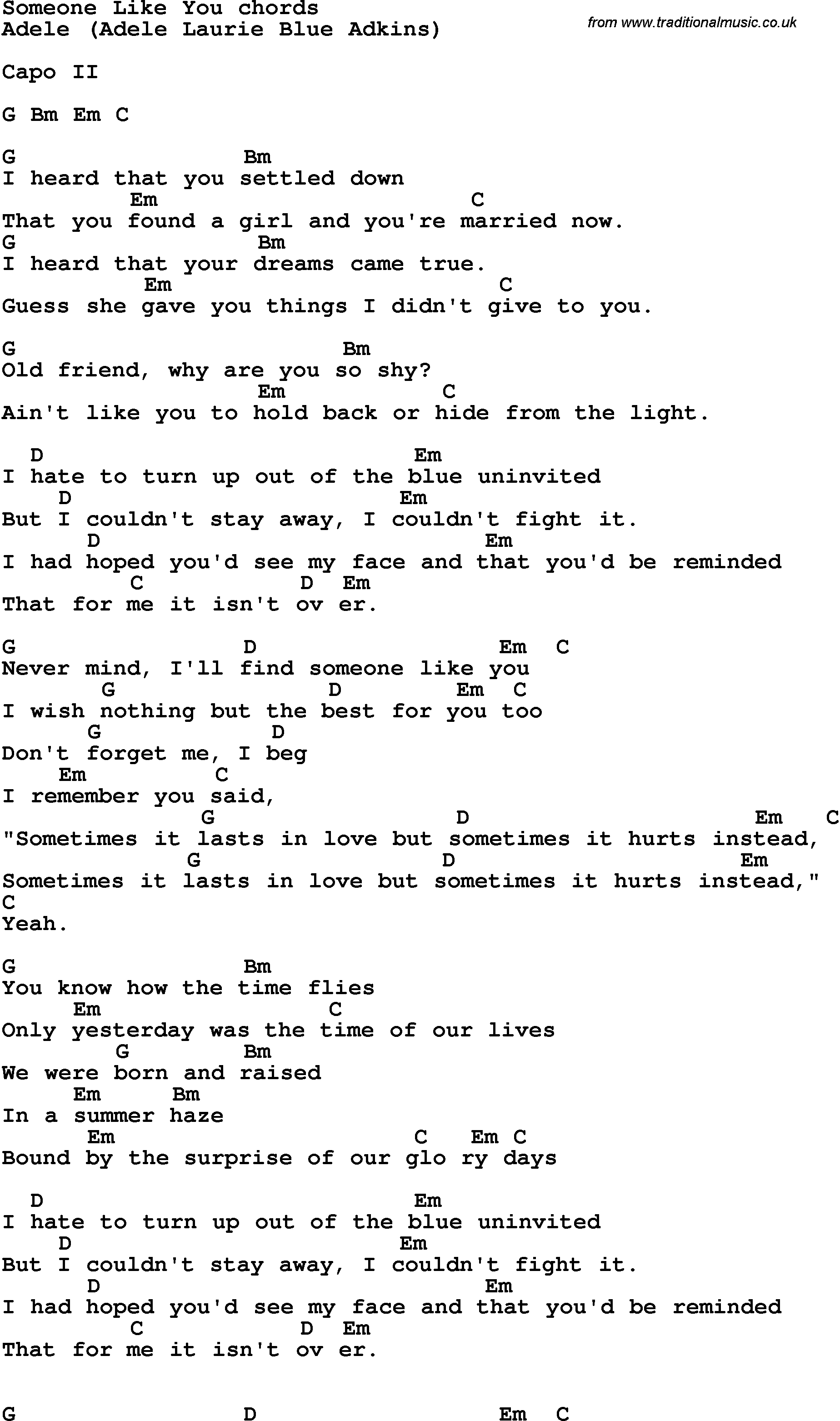 Someone Like You Chords Song Lyrics With Guitar Chords For Someone Like You
