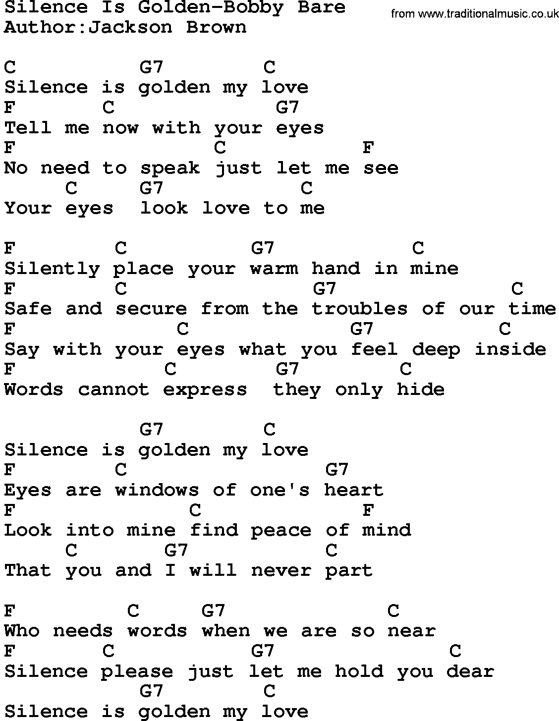 Sound Of Silence Chords Country Musicsilence Is Golden Bob Bare Lyrics And Chords