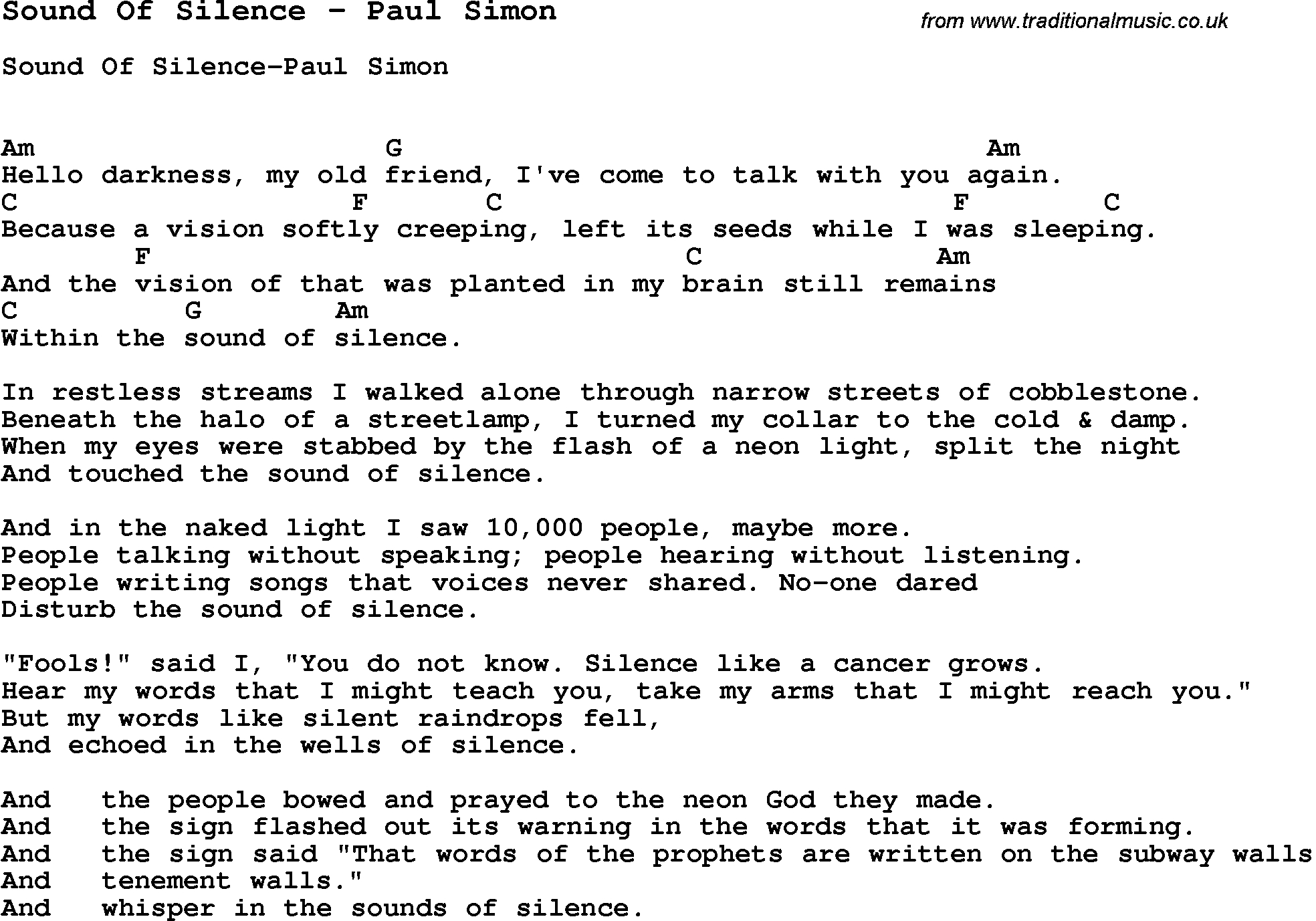 Sound Of Silence Chords Song Sound Of Silence Paul Simon Song Lyric For Vocal