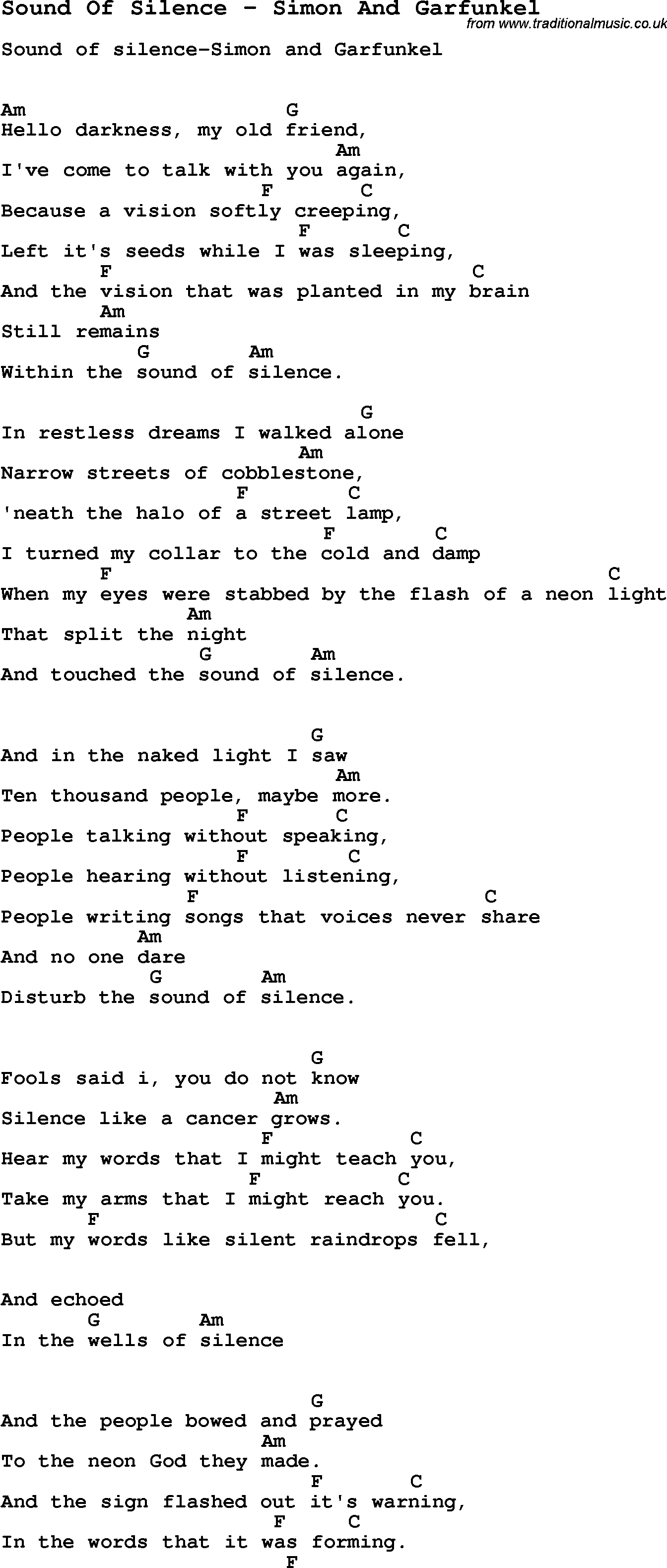 Sound Of Silence Chords Song Sound Of Silence Simon And Garfunkel Song Lyric For Vocal