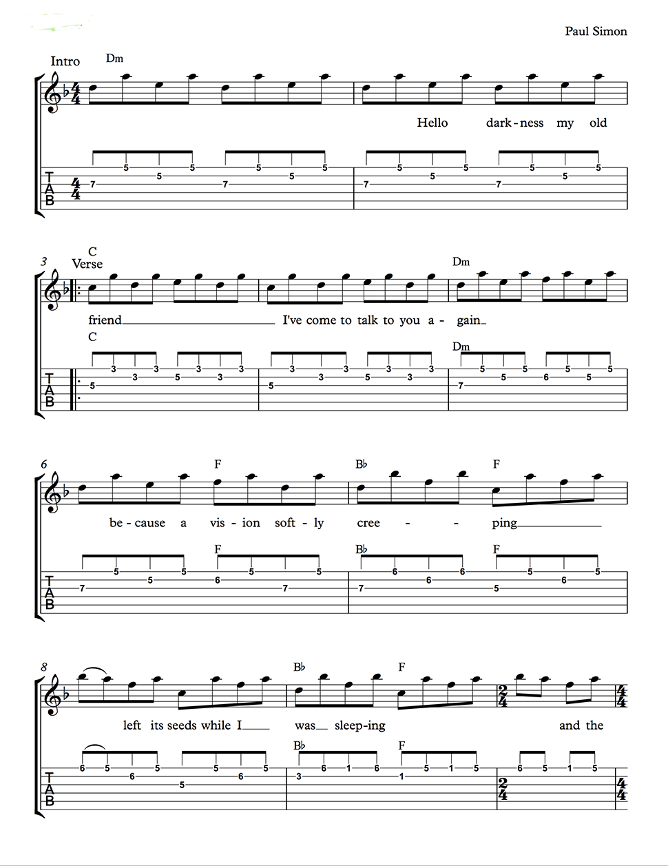 Sound Of Silence Chords Sounds Of Silence Paul Simon Includes Guitar Riffs Lyrics And Chords