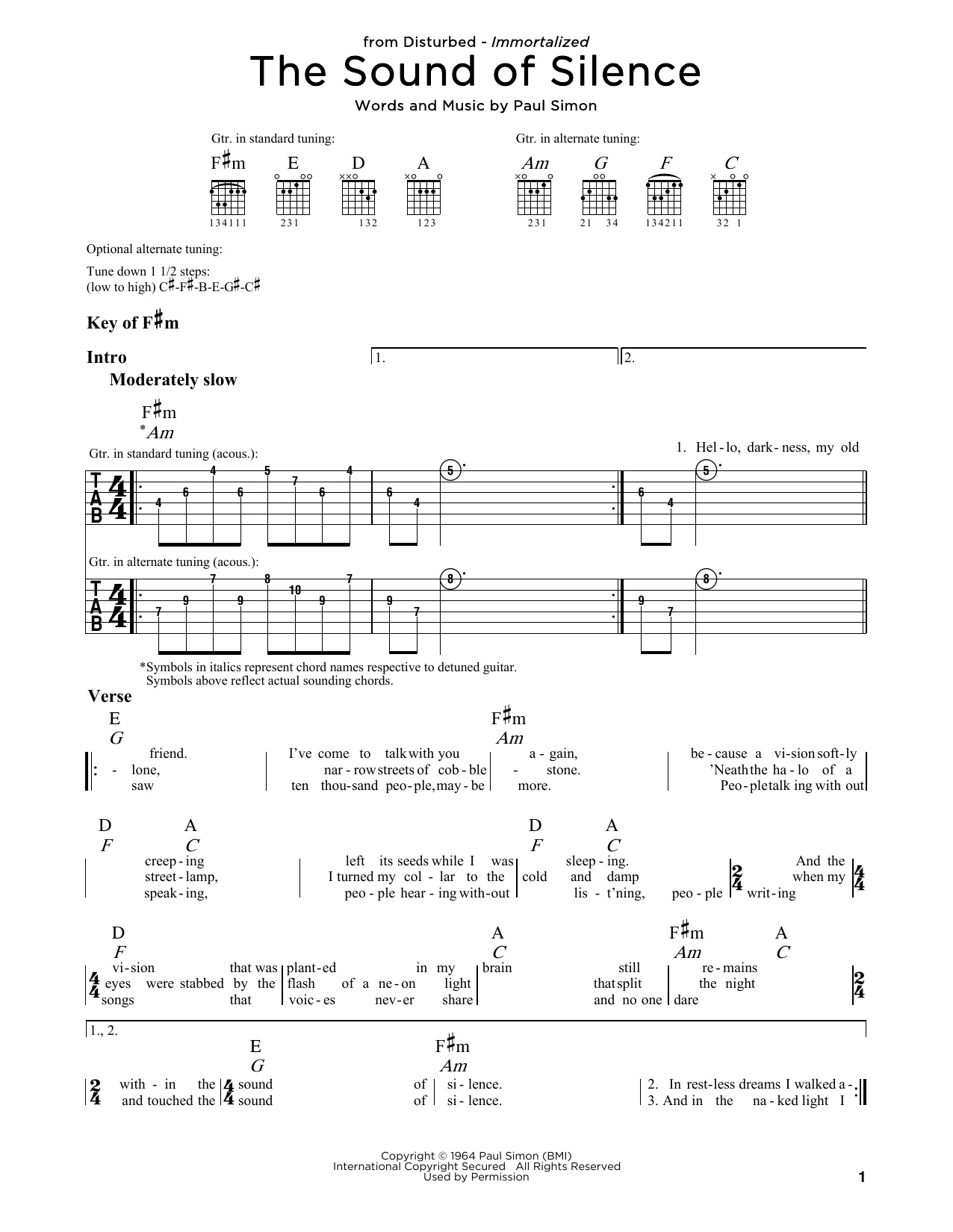Sound Of Silence Chords The Sound Of Silence Disturbed Guitar Lead Sheet Guitar