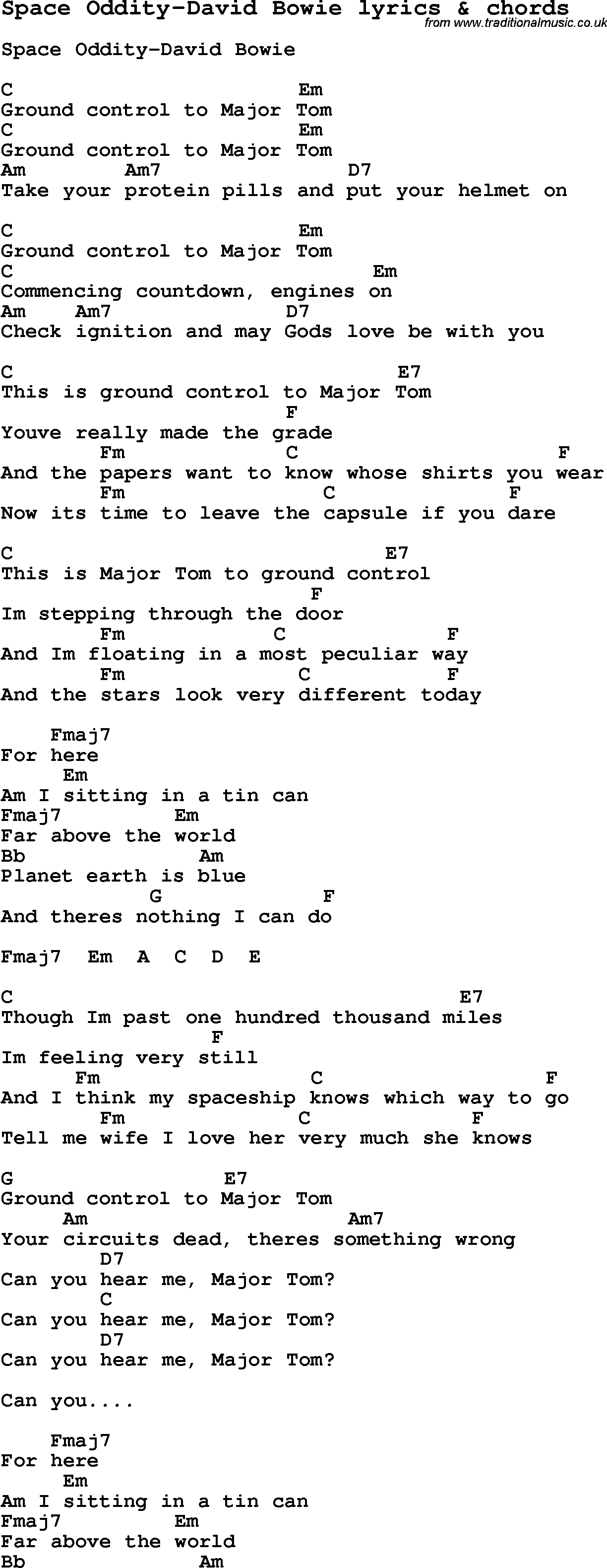 Space Oddity Chords Love Song Lyrics Forspace Oddity David Bowie With Chords