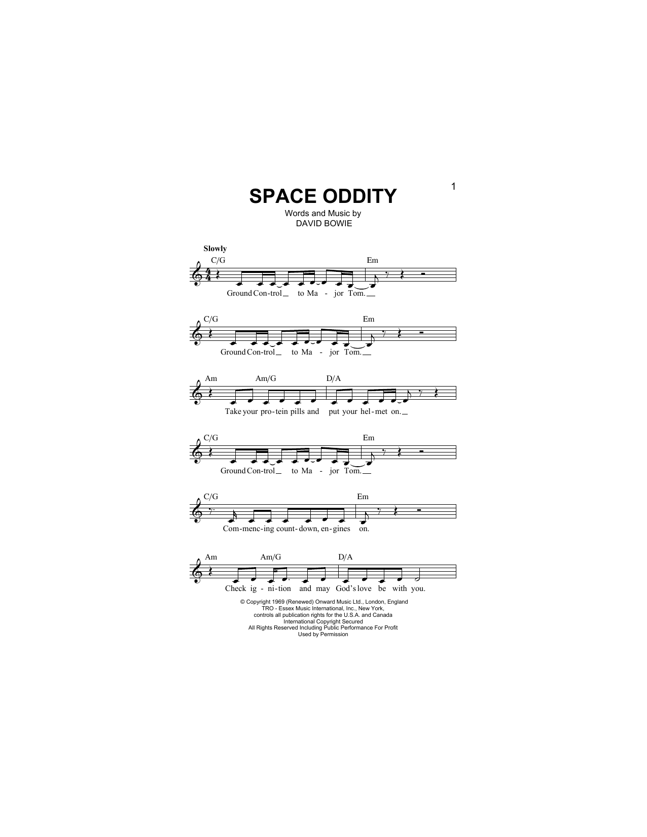 Space Oddity Chords Space Oddity David Bowie Piano Vocal Guitar Right Hand Melody Digital Sheet Music