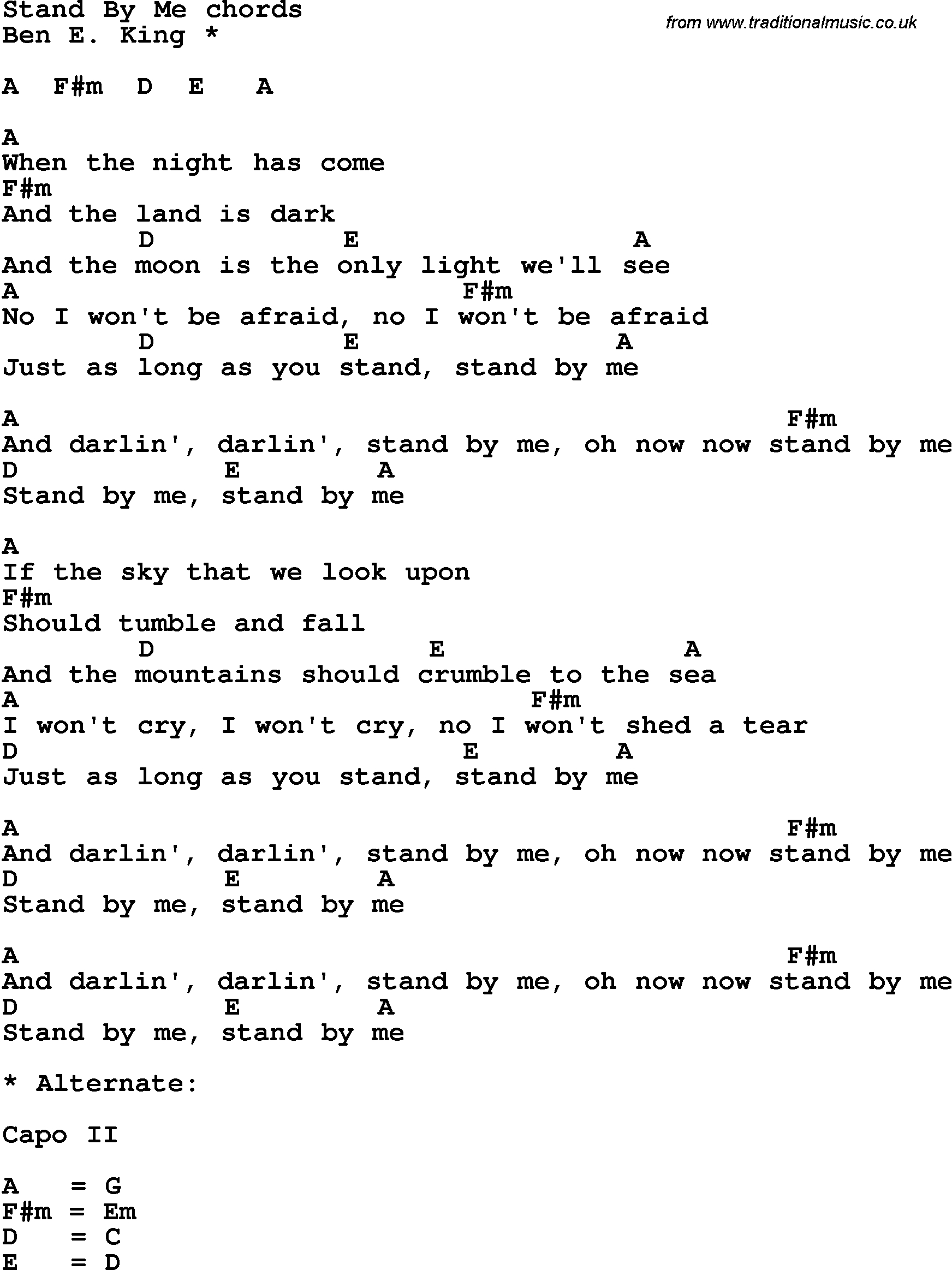 Stand By Me Chords Song Lyrics With Guitar Chords For Stand Me