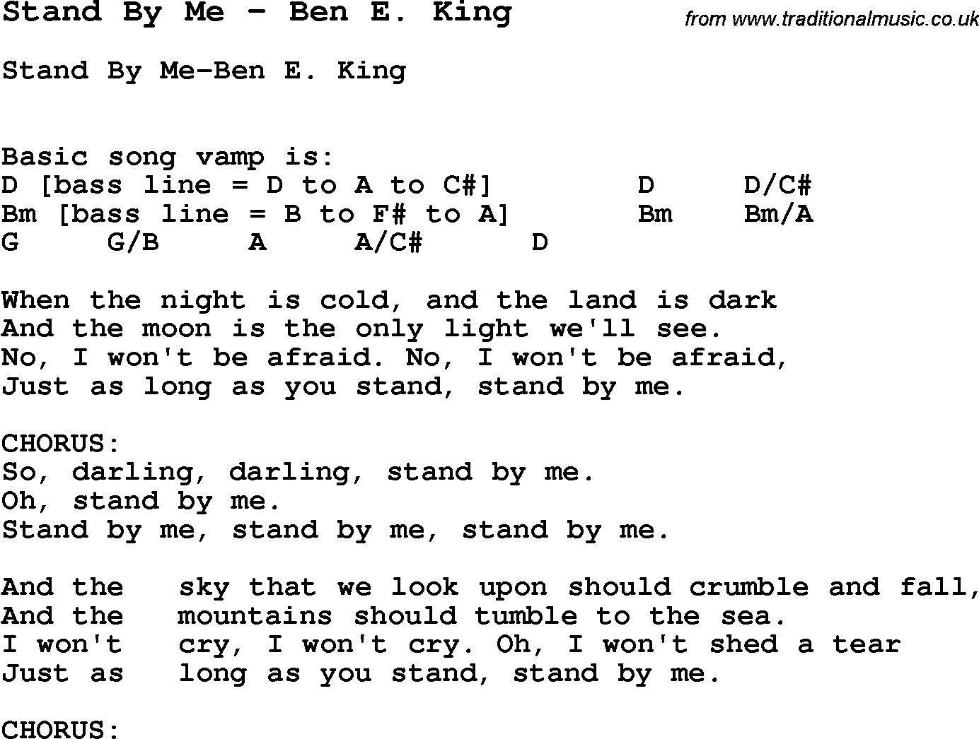 Stand By Me Chords Song Stand Me Ben E King Song Lyric For Vocal Performance