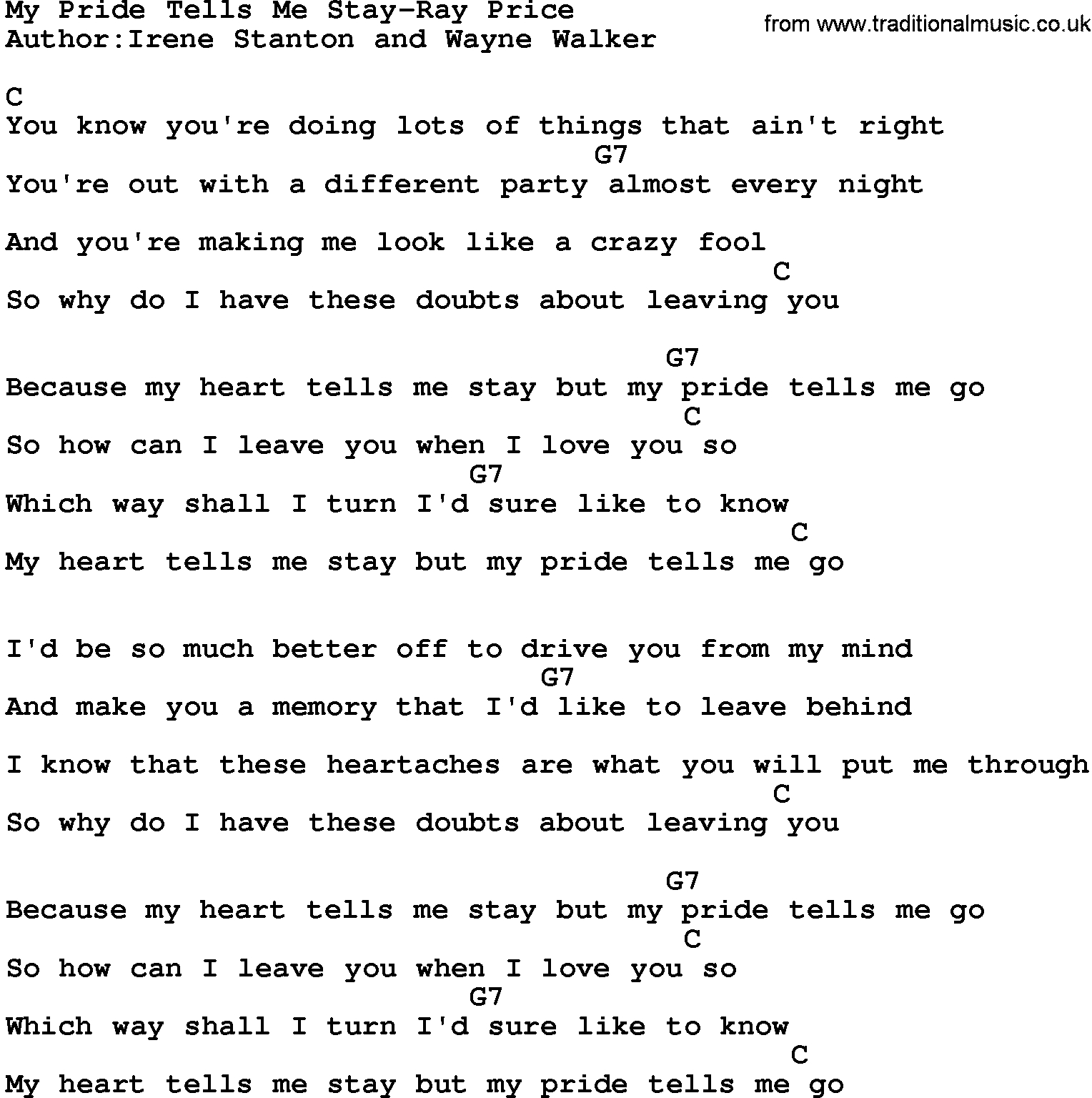 Stay With Me Chords Country Musicmy Pride Tells Me Stay Ray Price Lyrics And Chords
