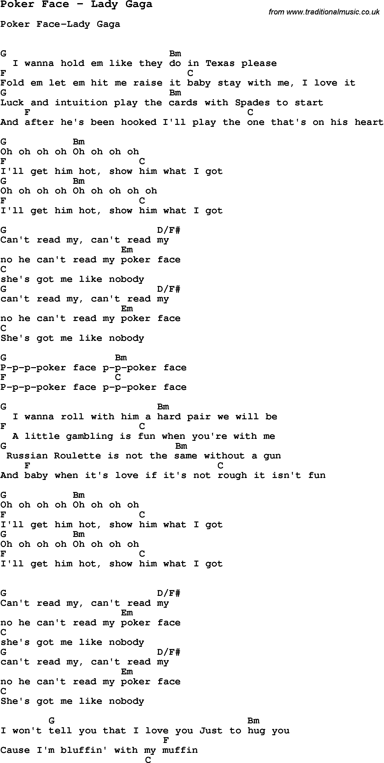 Stay With Me Ukulele Chords Song Poker Face Lady Gaga Song Lyric For Vocal Performance Plus