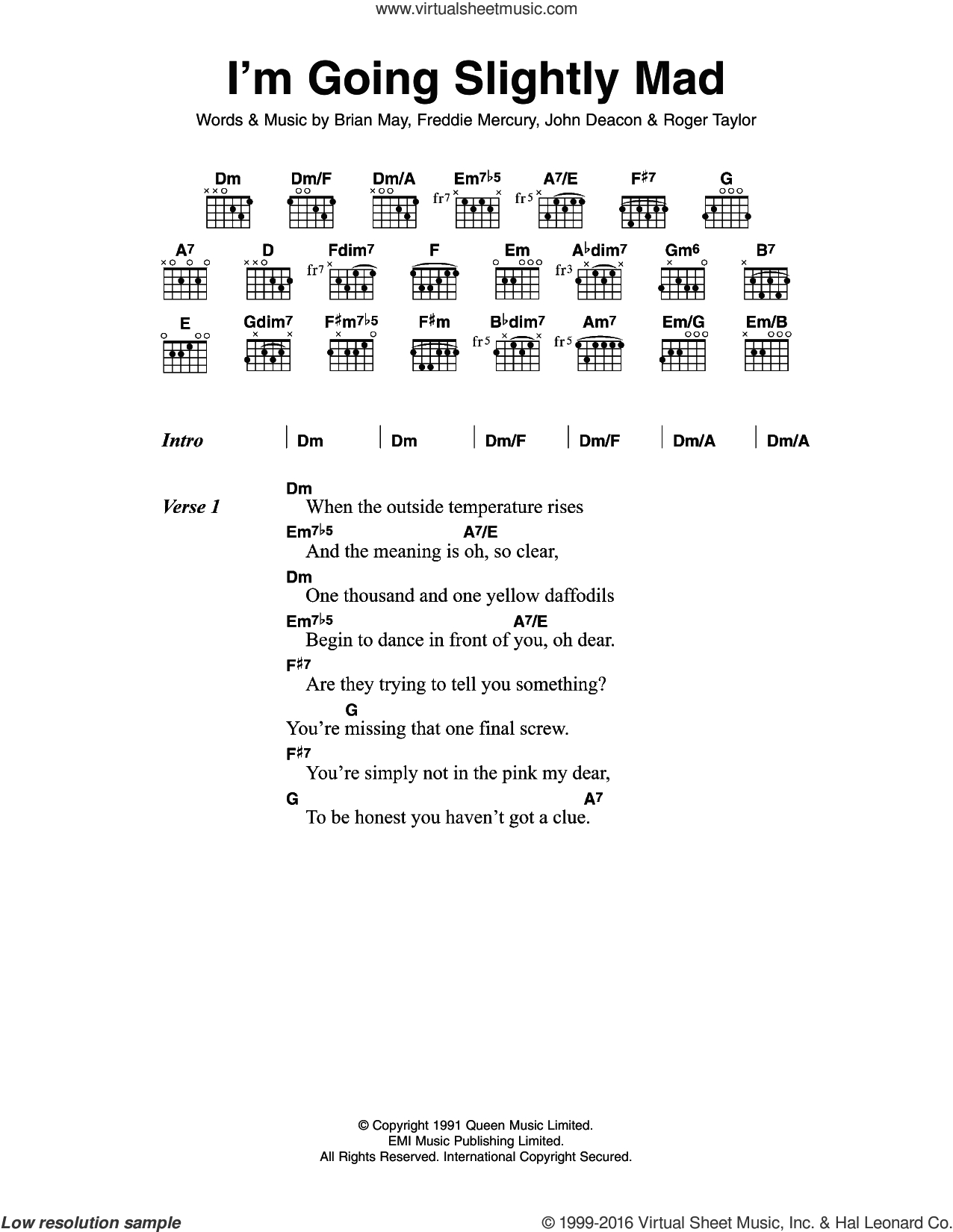 Stone Cold Chords Queen Im Going Slightly Mad Sheet Music For Guitar Chords