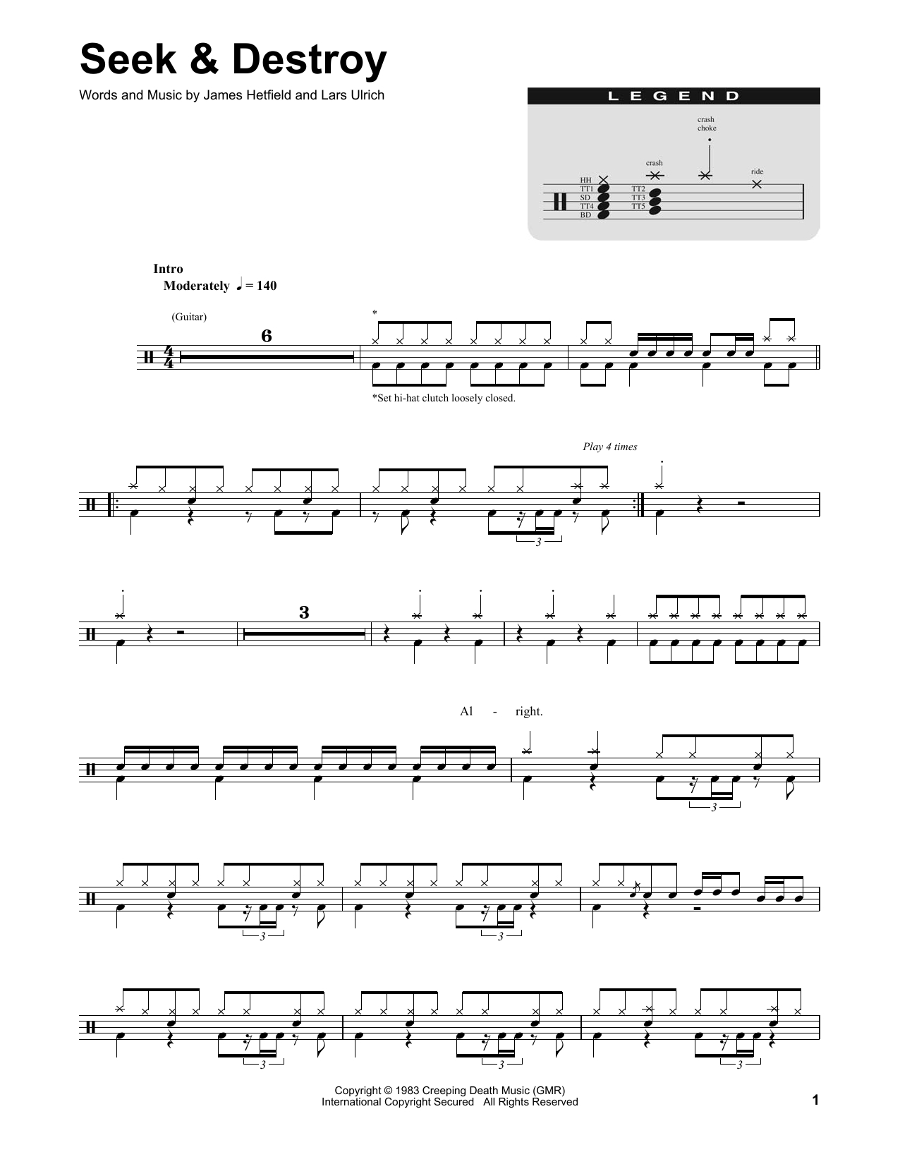 Stone Cold Chords Sheet Music Digital Files To Print Licensed Metallica Digital