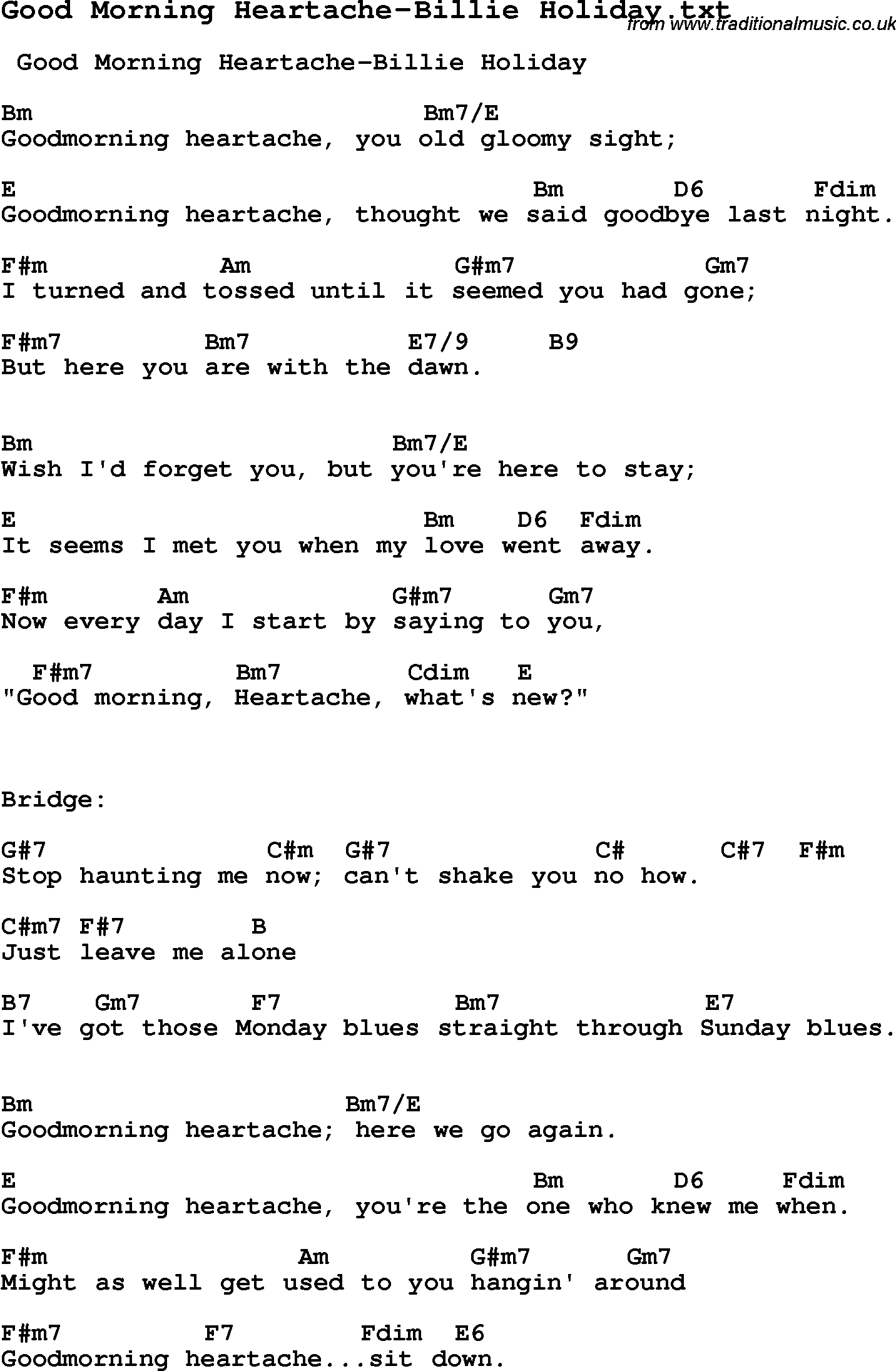Sunday Morning Chords Jazz Song Good Morning Heartache Billie Holiday With Chords Tabs