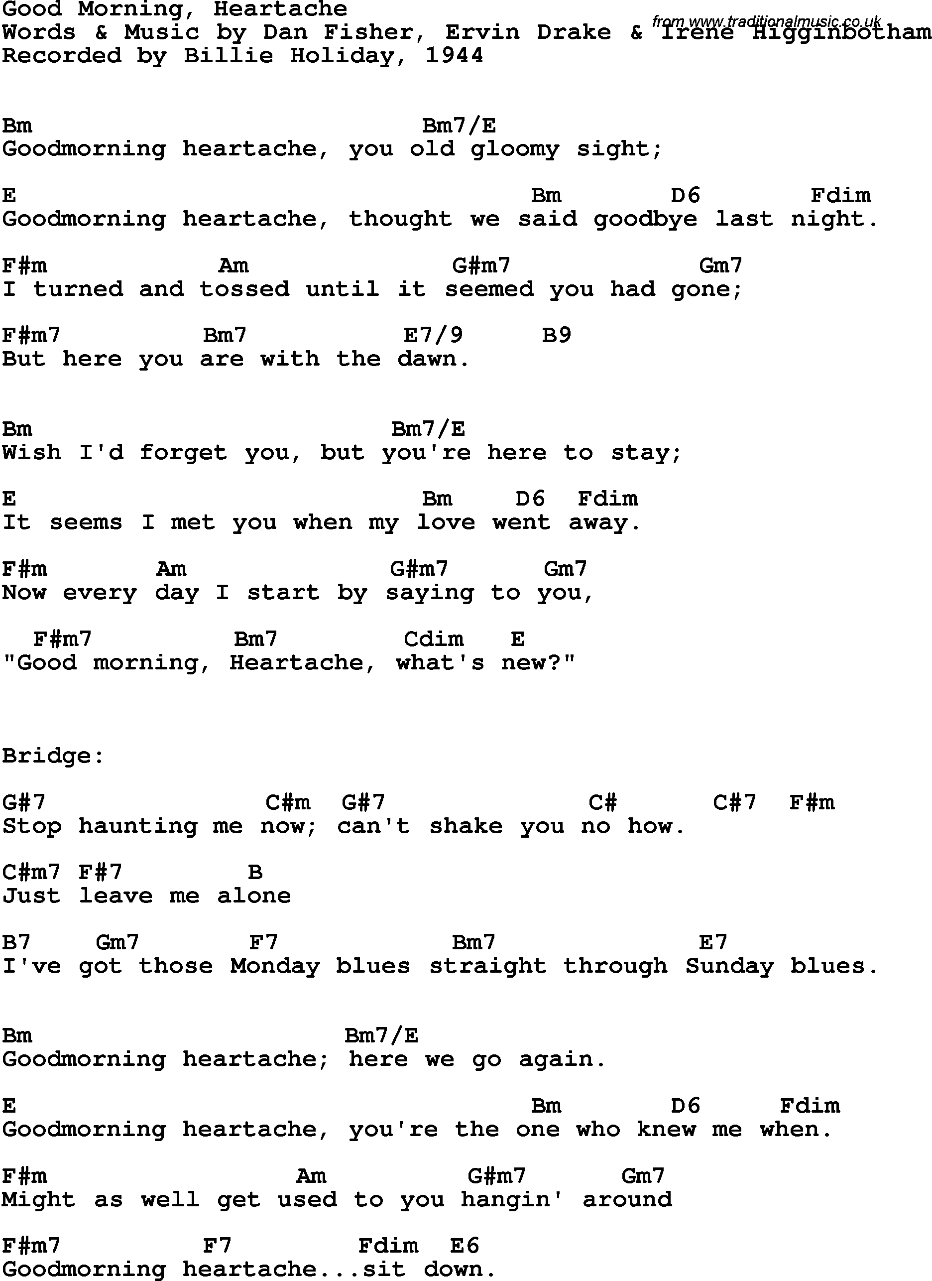 Sunday Morning Chords Song Lyrics With Guitar Chords For Good Morning Heartache Billie