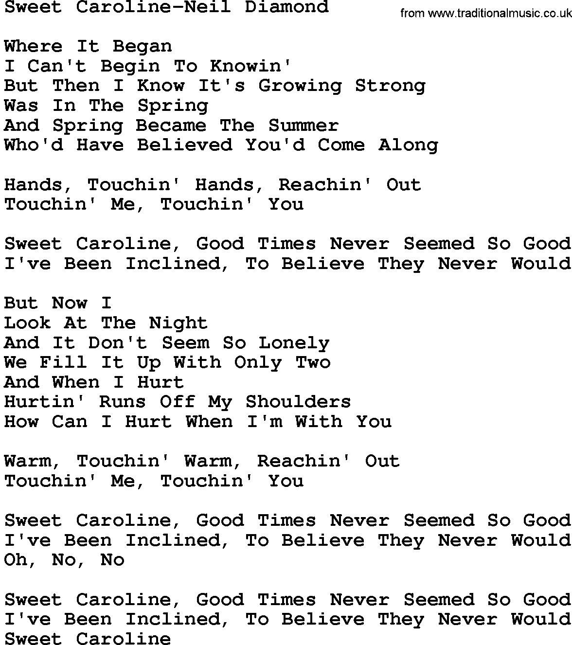 Sweet Caroline Chords Country Musicsweet Caroline Neil Diamond Lyrics And Chords