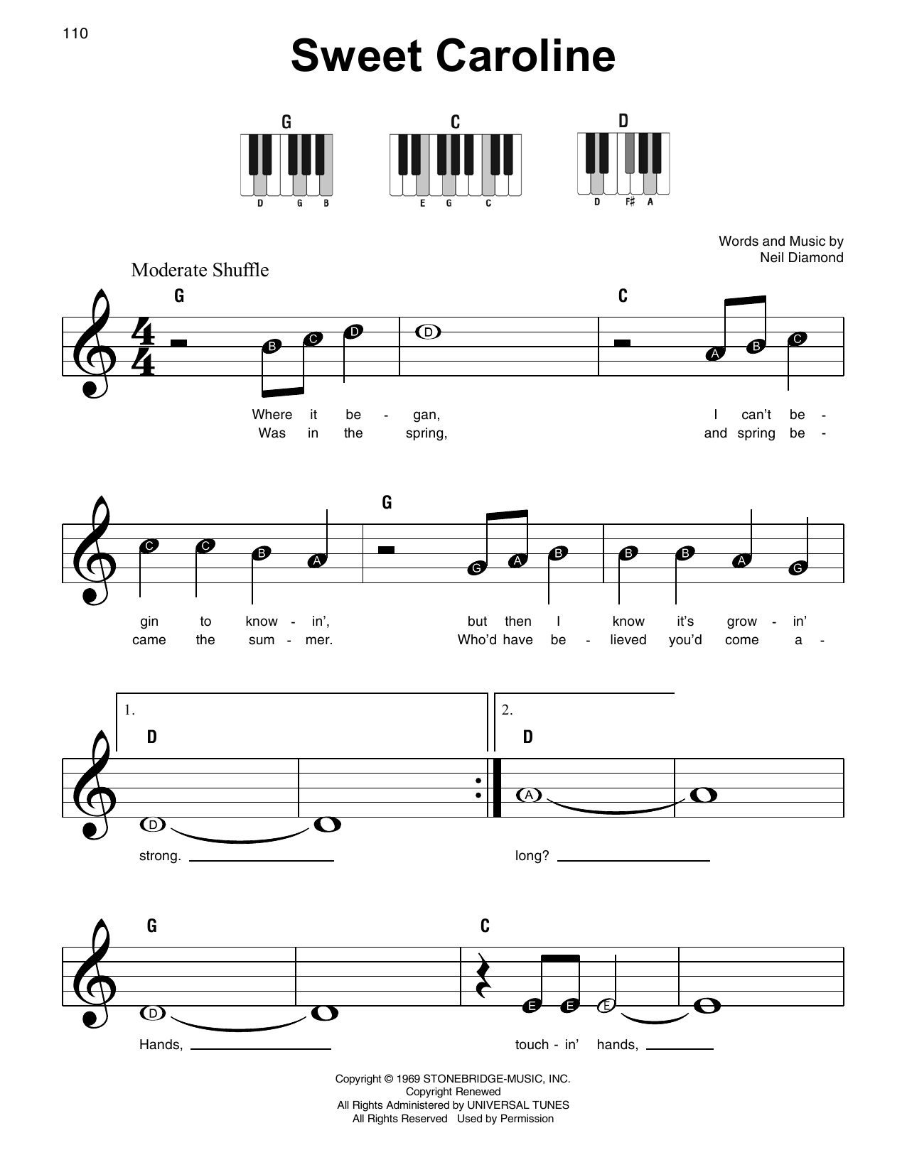 Sweet Caroline Chords Sheet Music Digital Files To Print Licensed Pop Digital Sheet Music