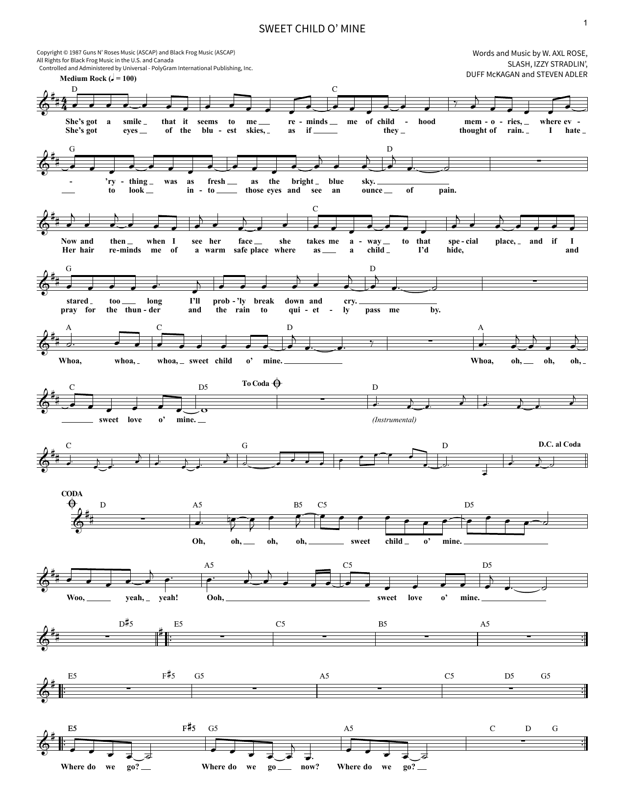 Sweet Child Of Mine Chords Sweet Child O Mine Guns N Roses Piano Vocal Guitar Right Hand Melody Digital Sheet Music