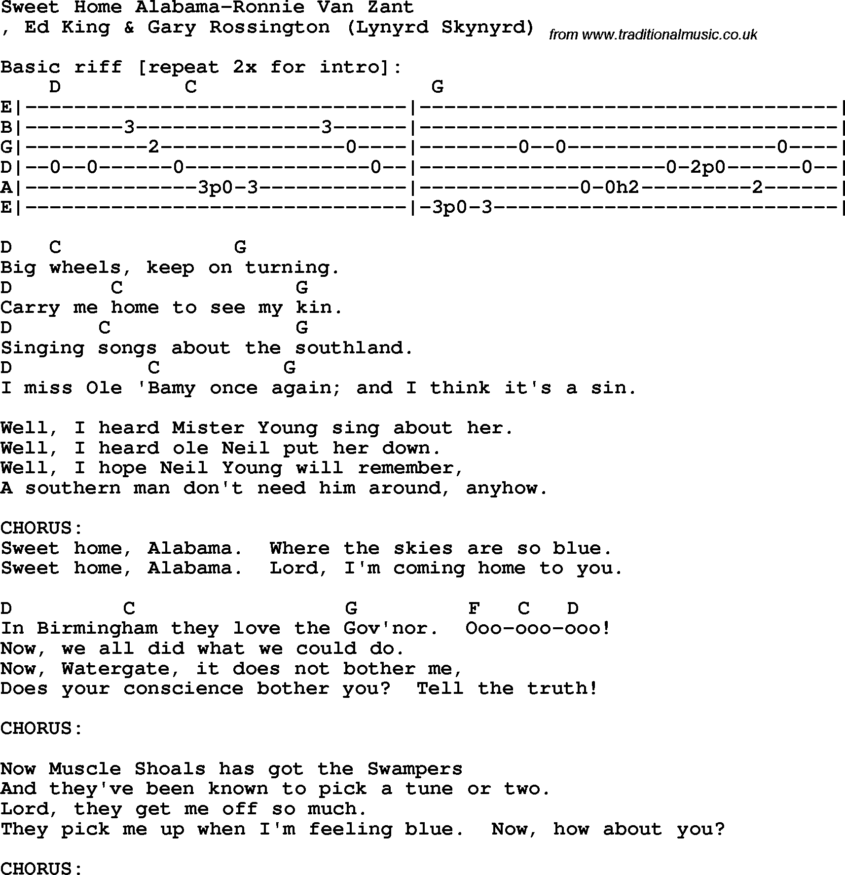 Sweet Home Alabama Chords Protest Song Sweet Home Alabama Ronnie Van Zant Lyrics And Chords
