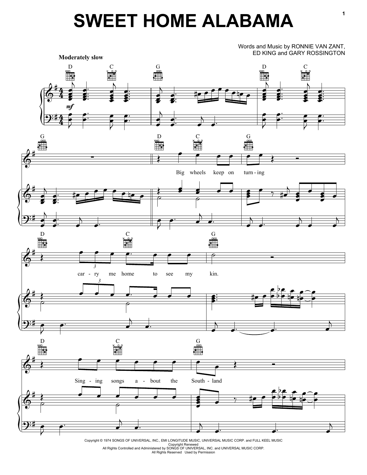 Sweet Home Alabama Chords Sweet Home Alabama Piano Vocal Guitar Right Hand Melody