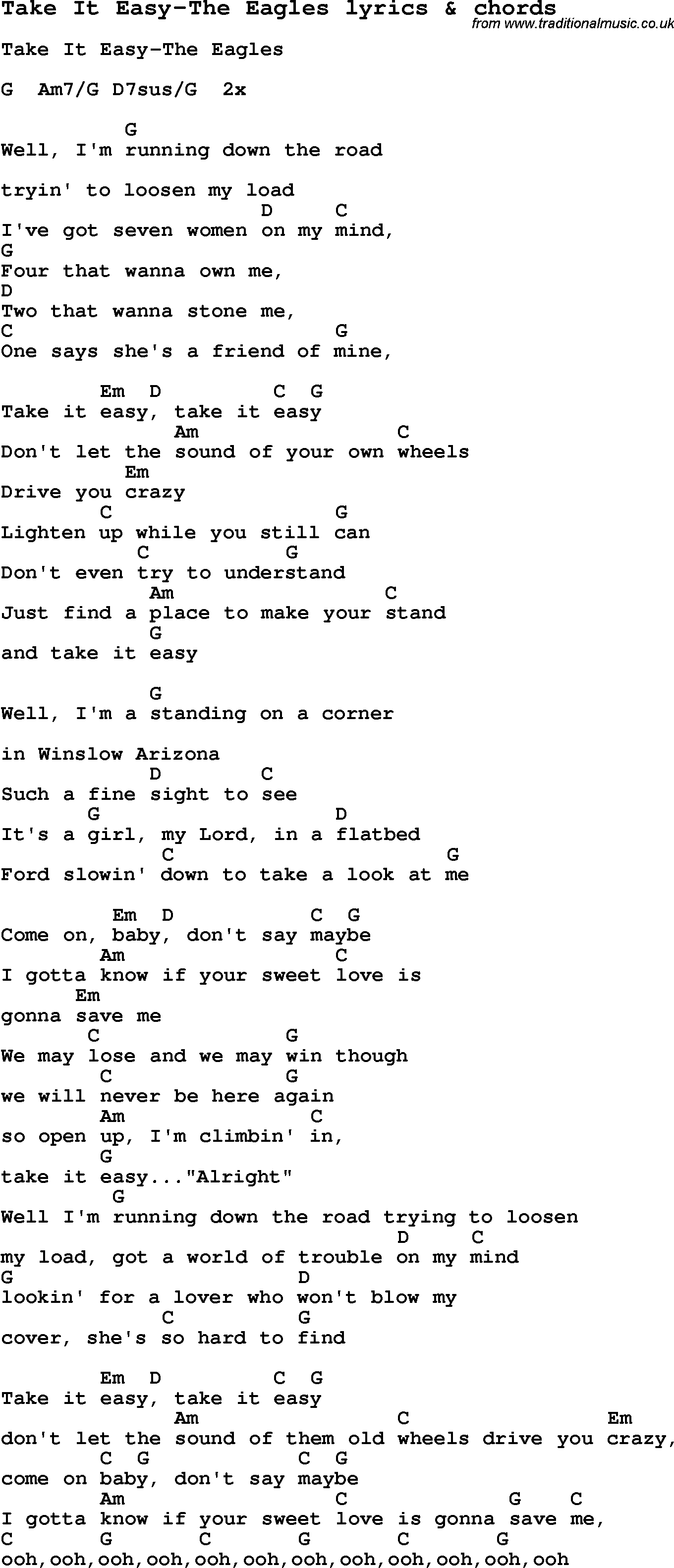 Take It Easy Chords Love Song Lyrics Fortake It Easy The Eagles With Chords