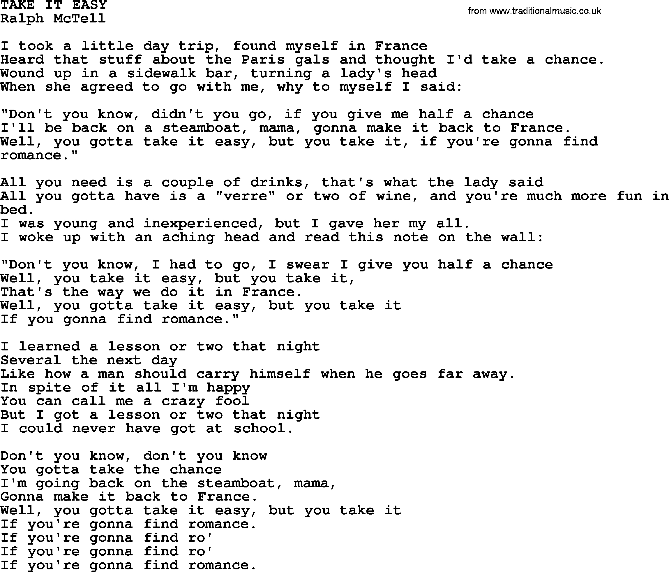 Take It Easy Chords Take It Easytxt Ralph Mctell Lyrics And Chords