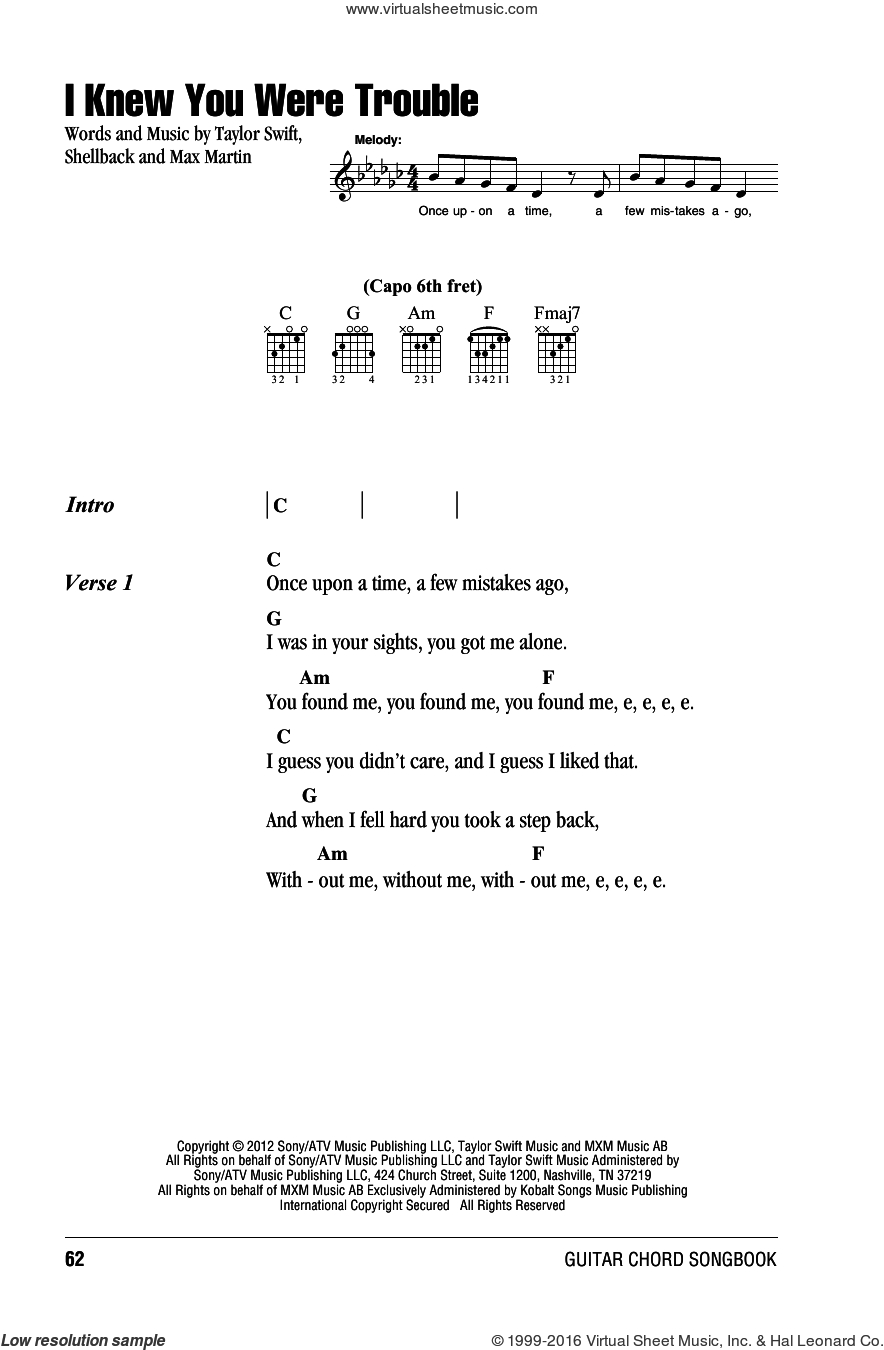 Taylor Swift Chords Swift I Knew You Were Trouble Sheet Music For Guitar Chords