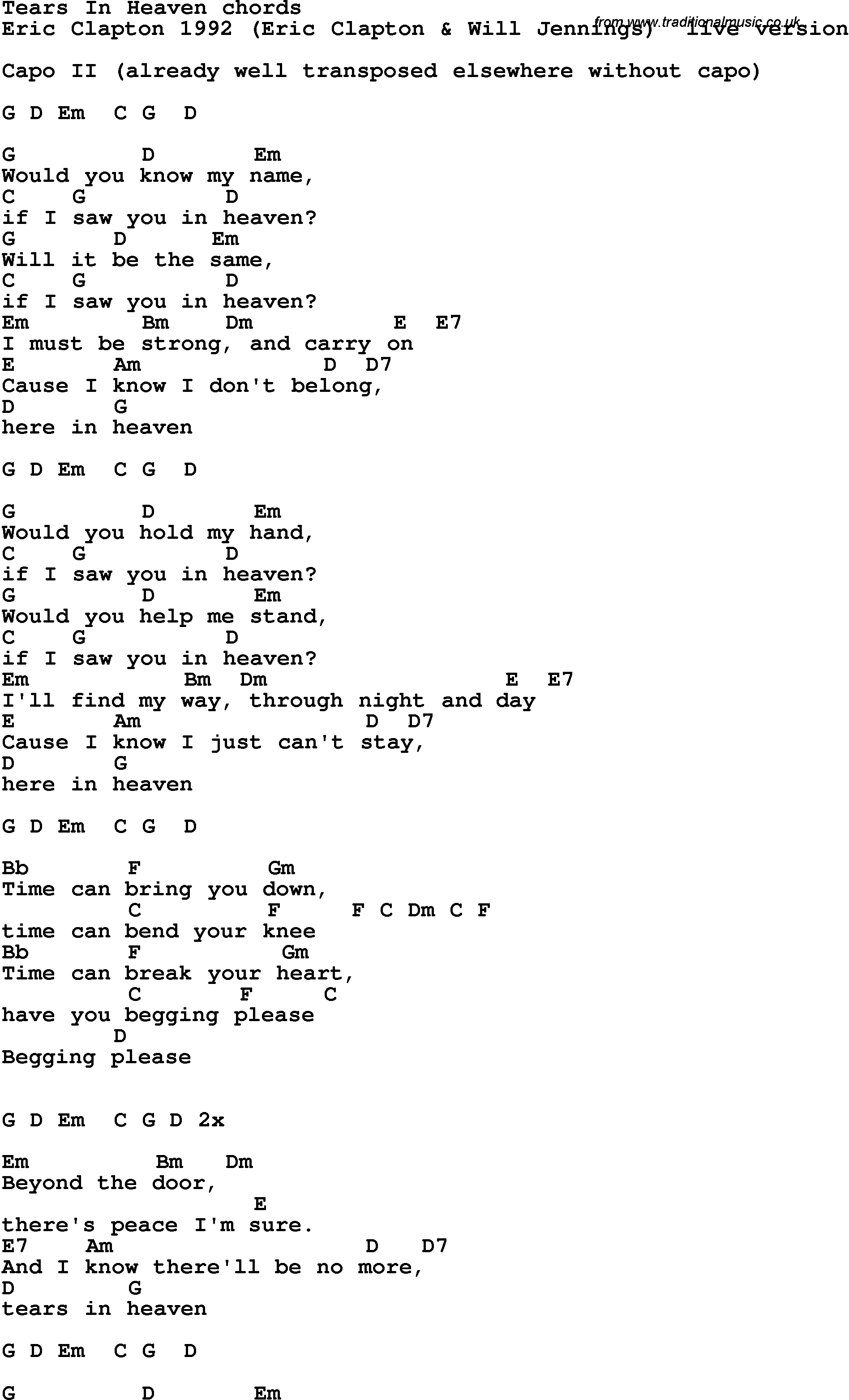 Tears In Heaven Chords Song Lyrics With Guitar Chords For Tears In Heaven Eric Clapton