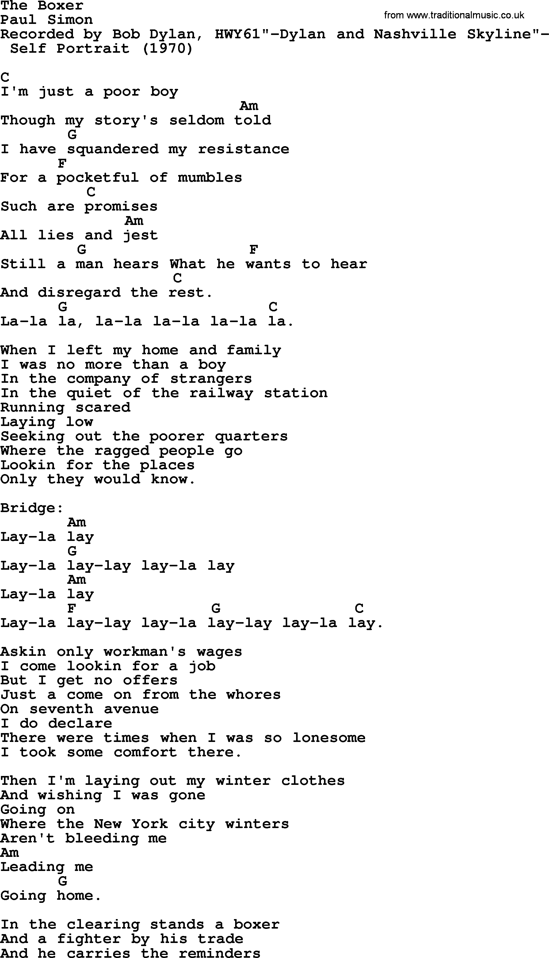 The Boxer Chords Bob Dylan Song The Boxer Lyrics And Chords